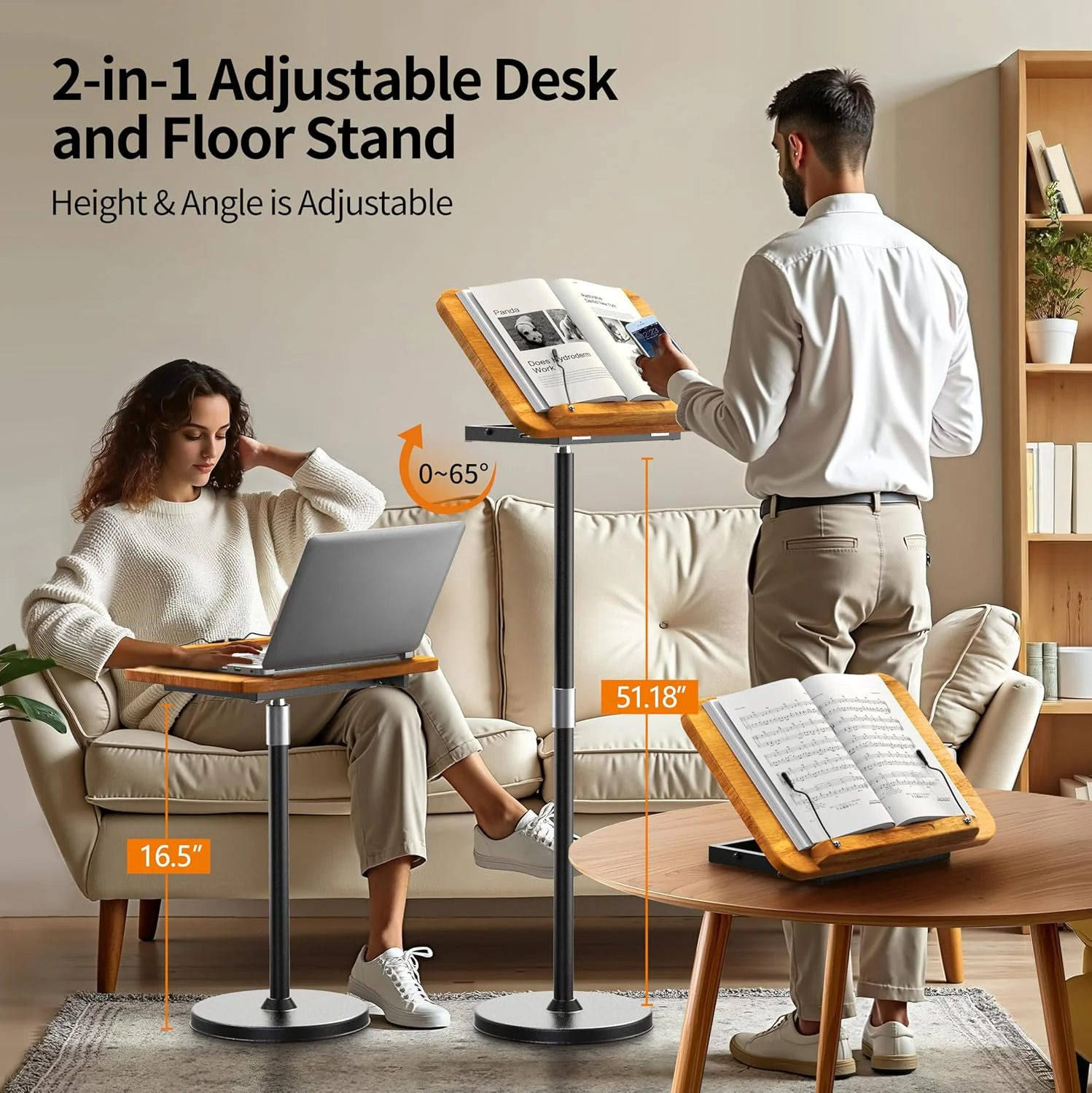 پایه نگهدارنده لپ‌تاپ 2 در 1 NAMON، قابل تنظیم از 42 تا 130 سانتی‌متر، میز کوچک چوبی لپ‌تاپ، پایه بلند لپ‌تاپ مناسب برای خانه، دفتر، اتاق جلسات، مطالعه (روکش چوب رابروود)