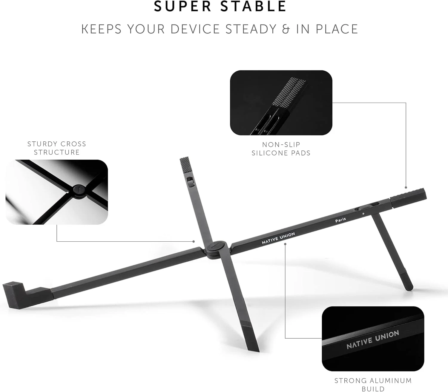 پایه لپ‌تاپ تاشو نیتیو یونیون، فوق‌العاده باریک، تاشو و قابل حمل، زاویه دید ارگونومیک و بهینه شده برای مک‌بوک‌ها و لپ‌تاپ‌های ۱۳ تا ۱۶ اینچی، آی‌پدها و تبلت‌های ۱۰ تا ۱۶ اینچی
