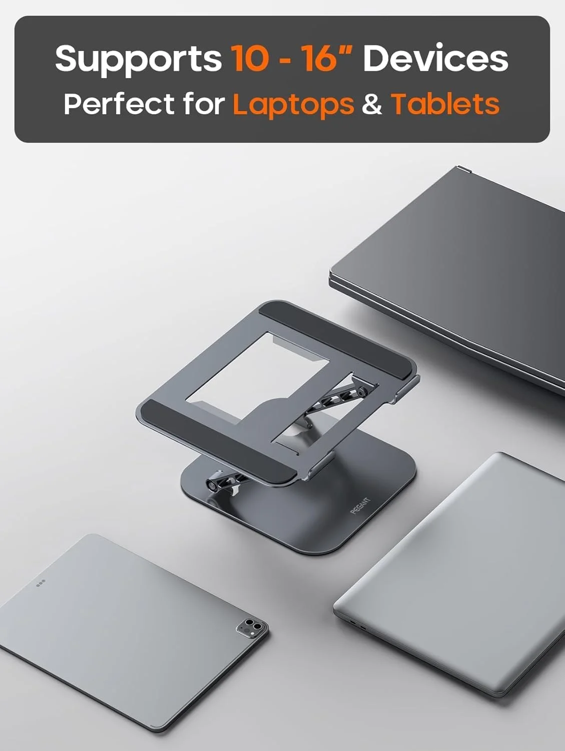 پایه لپ تاپ، پایه کامپیوتر، پایه رومیزی، ساخته شده از مواد فلزی، قابل تنظیم، ارگونومیک، قابل حمل، تاشو، بدنه فلزی، مقاوم، مناسب برای لپ تاپ های 10 تا 16 اینچی، سازمان دهنده لپ تاپ، نگهدارنده سبک وزن نوت بوک برای دفتر کار خانگی و مسافرت
