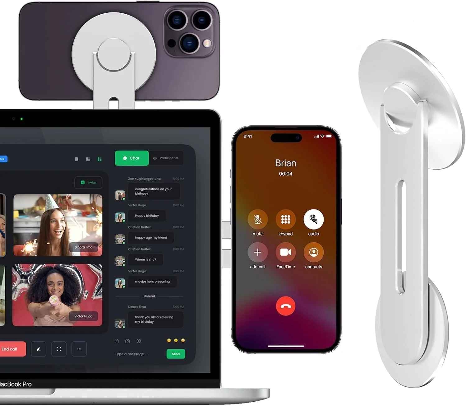 نگهدارنده مغناطیسی گوشی موبایل برای لپ‌تاپ – پایه دوربین تداوم قابل تنظیم Azonee سازگار با Mag-Safe، iOS 16 و macOS Ventura، براکت توسعه کامپیوتر باریک و قابل حمل برای تلفن هوشمند (نقره ای)