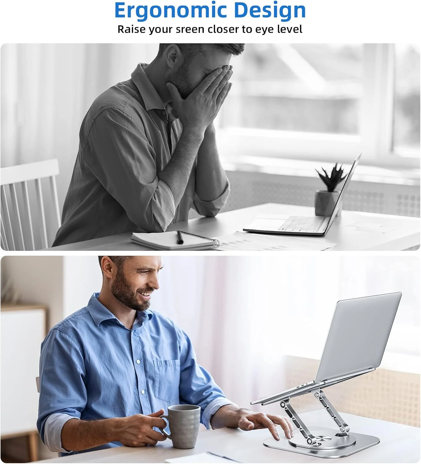 پایه لپ‌تاپ قابل تنظیم MCHOSE برای میز، پایه ارگونومیک با پایه چرخان 360 درجه، نگهدارنده تاشو کامپیوتر نوت‌بوک سازگار با MacBook Air Pro، Dell XPS و سایر لپ‌تاپ‌های 10-17 اینچی، نقره‌ای