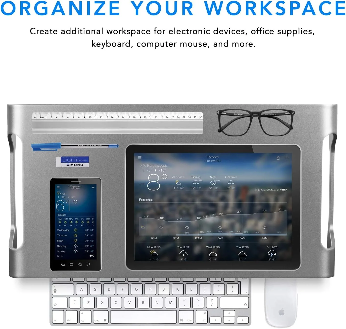 پایه مانیتور آلومینیومی Mount-It! برای iMac - پایه عریض یکپارچه مانیتور - پایه فلزی مانیتور و نظم دهنده رومیزی با فضای نگهداری کیبورد - پایه جهانی مانیتور رومیزی برای کامپیوتر، iMac، MacBook، لپ تاپ