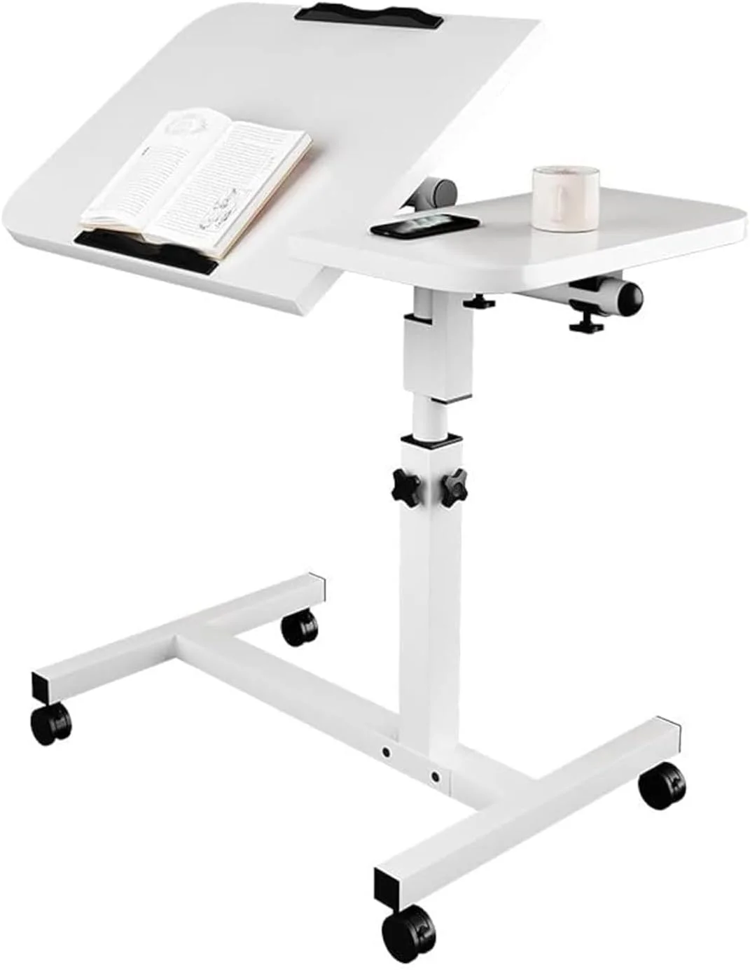 میز لپ‌تاپ چرخشی و بالابر برای منزل (سفید/60x40x59 سانتی‌متر)، میز کنار تختی متحرک با چرخ، میز کنار تخت با ارتفاع قابل تنظیم برای مبل، اتاق خواب، اتاق نشیمن، دفتر، تخت بیمارستان