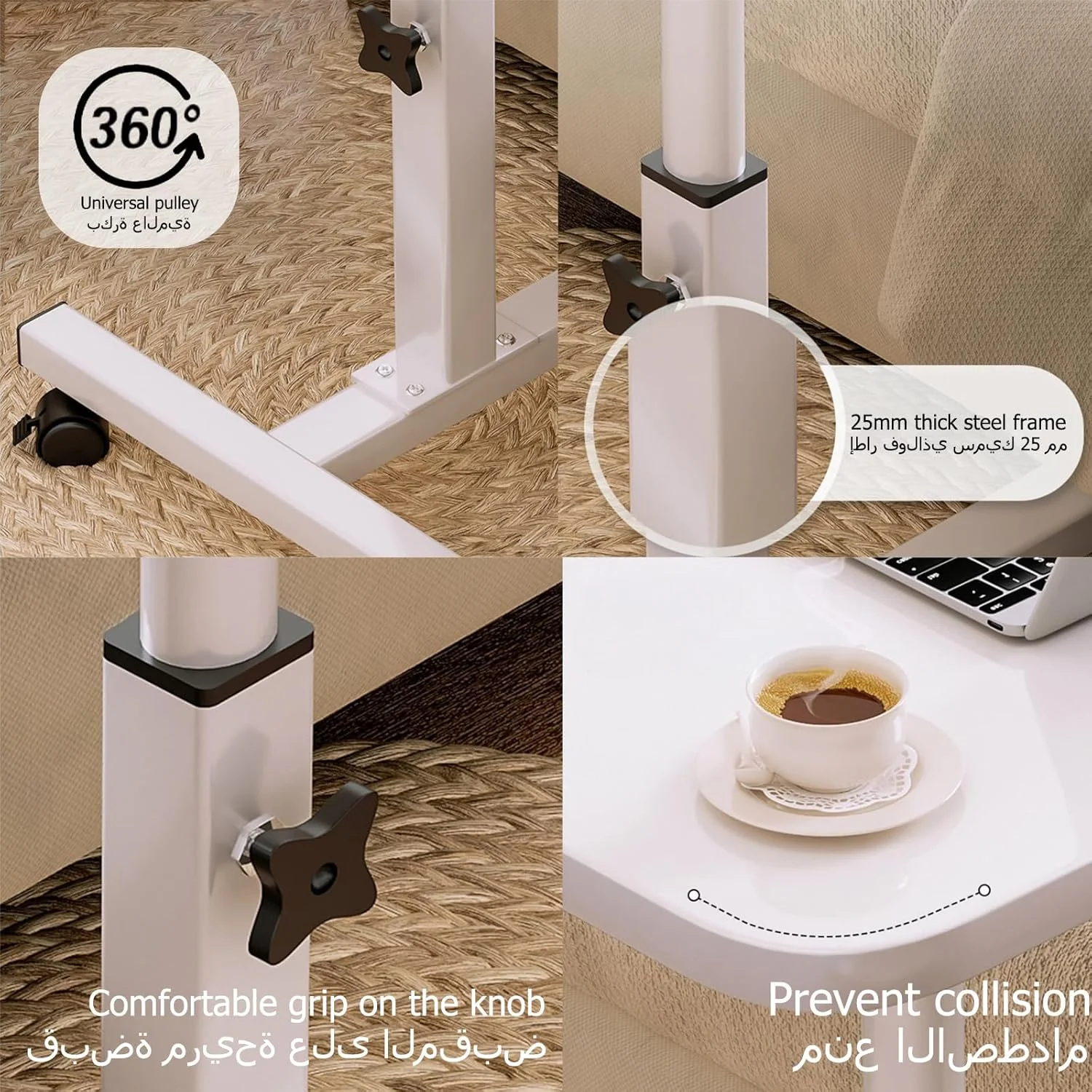 میز لپ‌تاپ چرخشی و بالابر برای منزل (سفید/60x40x59 سانتی‌متر)، میز کنار تختی متحرک با چرخ، میز کنار تخت با ارتفاع قابل تنظیم برای مبل، اتاق خواب، اتاق نشیمن، دفتر، تخت بیمارستان