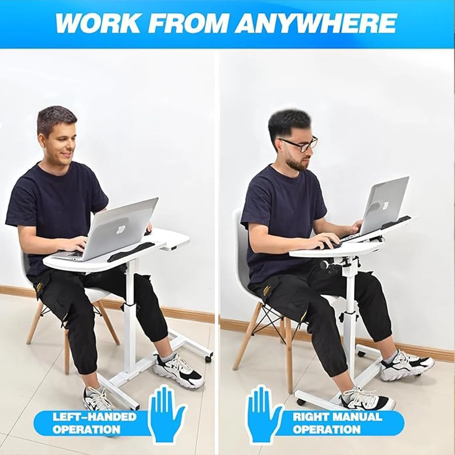 میز لپ‌تاپ چرخشی و بالابر برای خانه و محل کار، میز کنار تختی متحرک با چرخ، پایه کامپیوتر قابل تنظیم، میز کنار مبل با 4 چرخ، میز قهوه 60 * 40 (سفید)