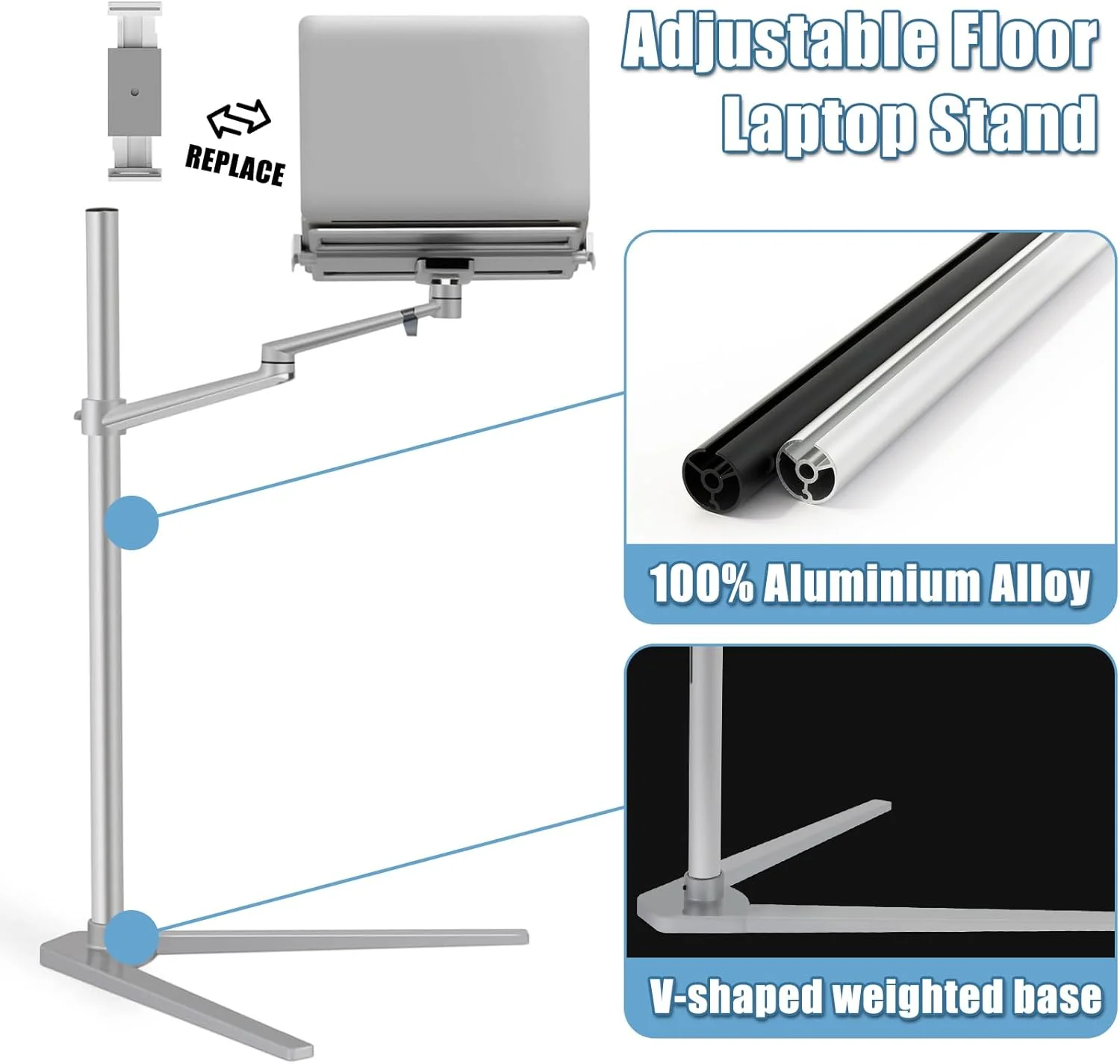 پایه ایستاده 3 در 1 LIODUX برای لپ تاپ، پایه تبلت با قابلیت چرخش 360 درجه و تنظیم ارتفاع، پایه تبلت برای تخت، مبل، اتاق جلسه، سازگار با مک بوک، لپ تاپ، تبلت، آیپد، تلفن