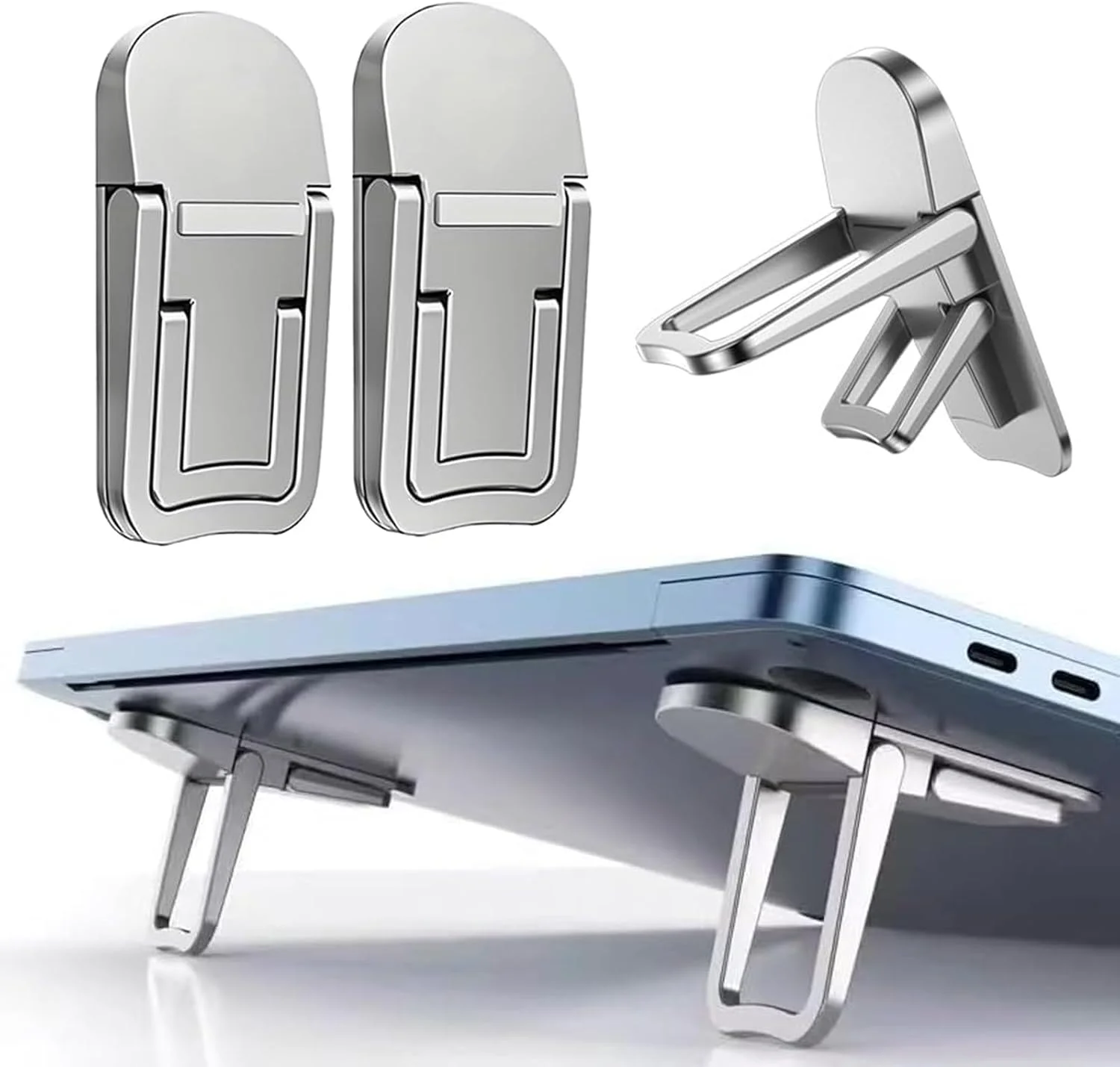 پایه لپ تاپ کوچک، تاشو قابل حمل و سبک وزن با طراحی ارگونومیک و خنک کننده دارای تهویه، مناسب برای نوت بوک ها و کیبوردهای 10-17.3 اینچی، نقره ای