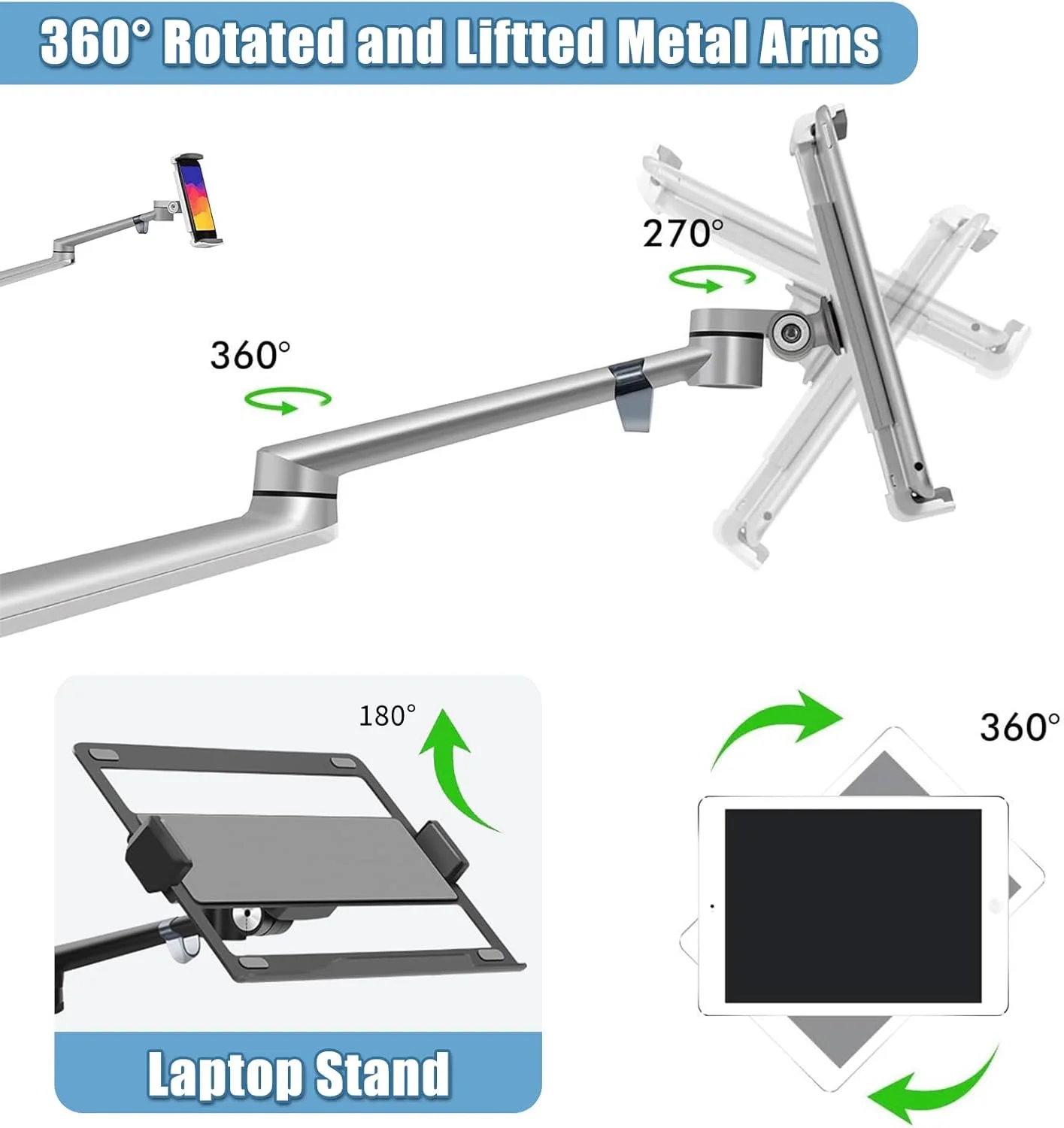 پایه ایستاده 3 در 1 LIODUX برای لپ تاپ، پایه تبلت با قابلیت چرخش 360 درجه و تنظیم ارتفاع، پایه تبلت برای تخت، مبل، اتاق جلسه، سازگار با مک بوک، لپ تاپ، تبلت، آیپد، تلفن