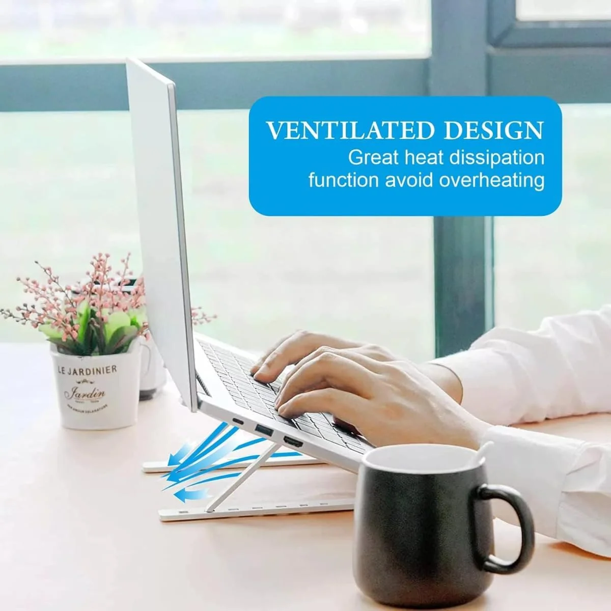 پایه لپ تاپ آلومینیومی قابل تنظیم - پایه تاشو ارگونومیک قابل حمل برای مک بوک، نوت بوک، تبلت، نگهدارنده خنک کننده تهویه دار، سبک و بادوام برای دفتر، خانه و مسافرت