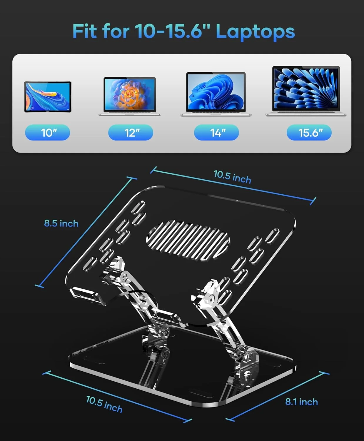 پایه لپ‌تاپ قابل تنظیم، پایه کامپیوتر ارگونومیک قابل حمل برای لپ‌تاپ، پایه تاشو لپ‌تاپ برای میز، سازگار با لپ‌تاپ‌های نوت‌بوک 10 تا 15.6 اینچی (شفاف)