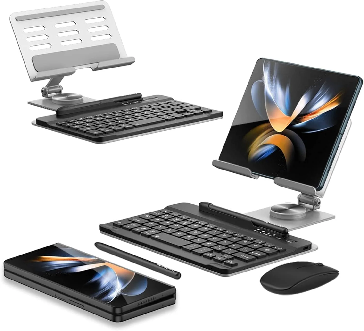 کیت کیبورد اداری موبایل، برای گوشی های تاشو سامسونگ گلکسی زد فولد 6/فولد 5، شفت چرخشی AR + قلم لمسی + ماوس بلوتوث بی سیم، کیف کیت برای گوشی های تاشو سامسونگ فولد 6/فولد 5/فولد 4/فولد 3/فولد 2 (نقره ای)