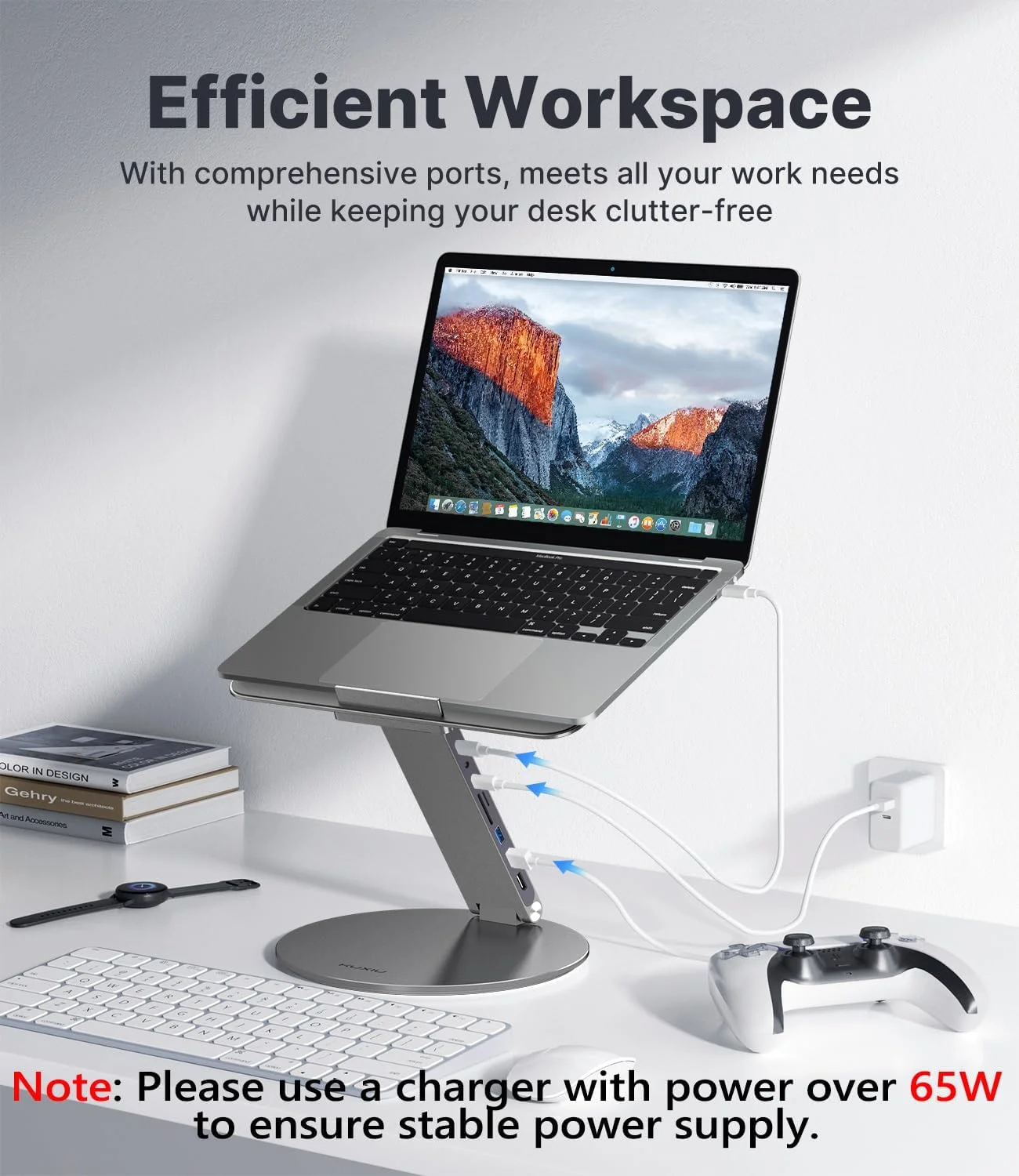 پایه لپ تاپ قابل تنظیم KU XIU با هاب USB C هشت در یک، پایه تاشو و قابل حمل برای نوت بوک با پایه چرخان 360 درجه، نگهدارنده برای همه لپ تاپ های 10-17 اینچی (خاکستری)