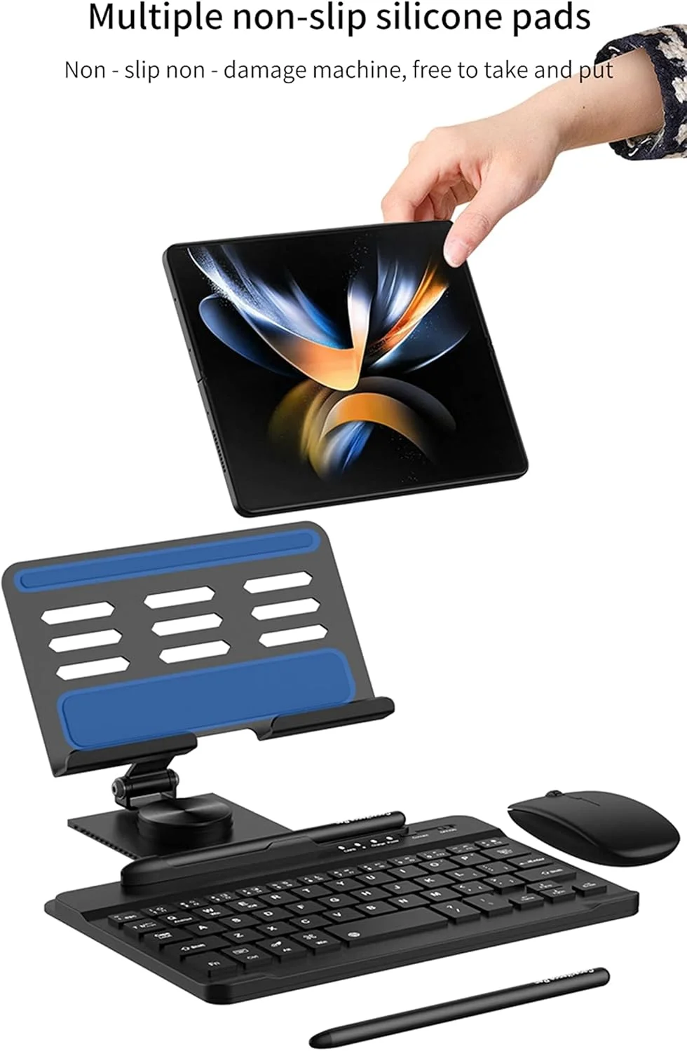 کیت کیبورد اداری موبایل، برای گوشی های تاشو سامسونگ گلکسی زد فولد 6/فولد 5، شفت چرخشی AR + قلم لمسی + ماوس بلوتوث بی سیم، کیف کیت برای گوشی های تاشو سامسونگ فولد 6/فولد 5/فولد 4/فولد 3/فولد 2 (نقره ای)