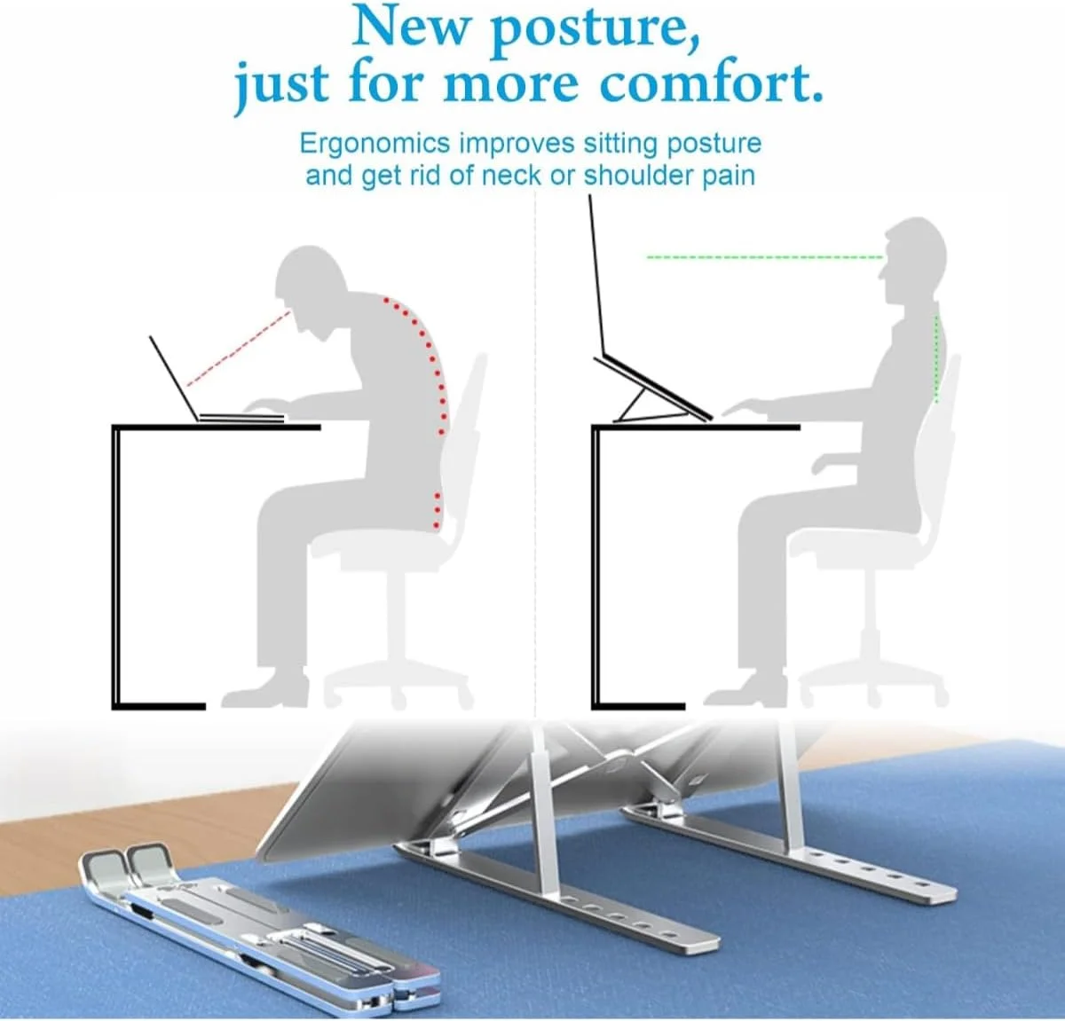 پایه لپ تاپ آلومینیومی قابل تنظیم - پایه تاشو ارگونومیک قابل حمل برای مک بوک، نوت بوک، تبلت، نگهدارنده خنک کننده تهویه دار، سبک و بادوام برای دفتر، خانه و مسافرت