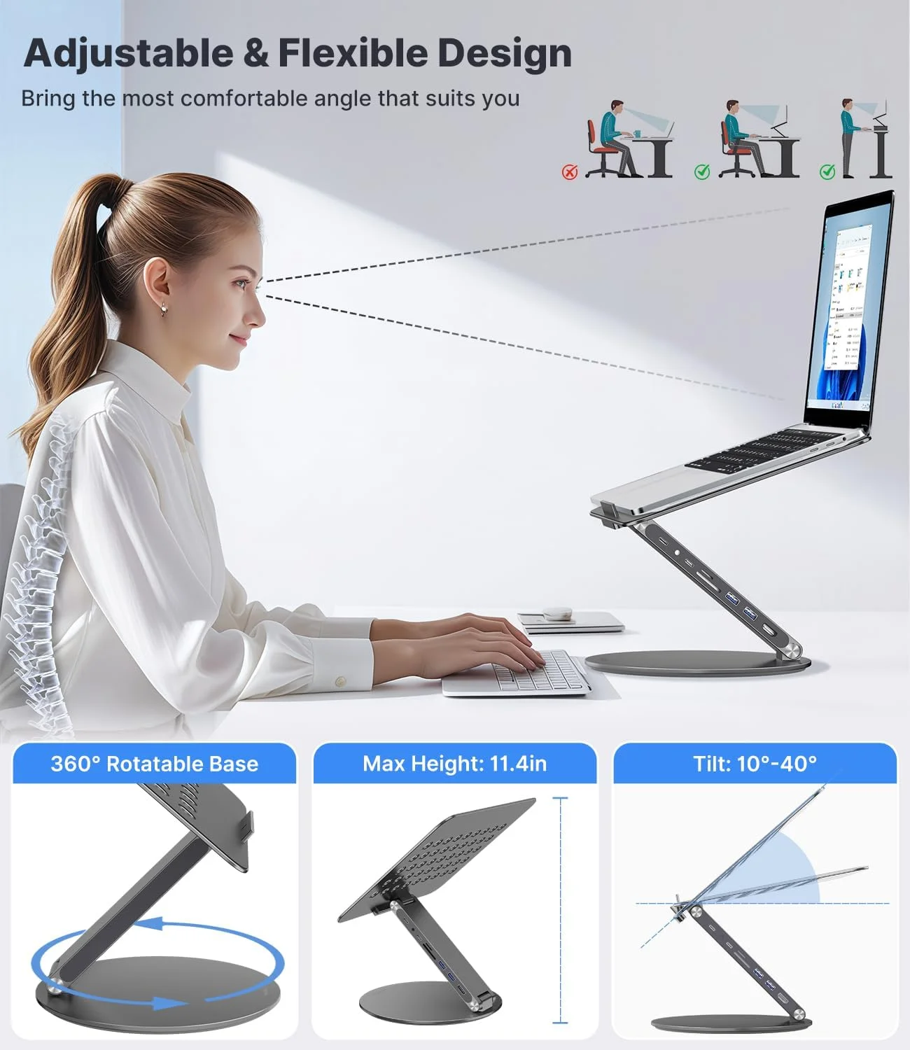 پایه لپ تاپ قابل تنظیم KU XIU با هاب USB C هشت در یک، پایه تاشو و قابل حمل برای نوت بوک با پایه چرخان 360 درجه، نگهدارنده برای همه لپ تاپ های 10-17 اینچی (خاکستری)