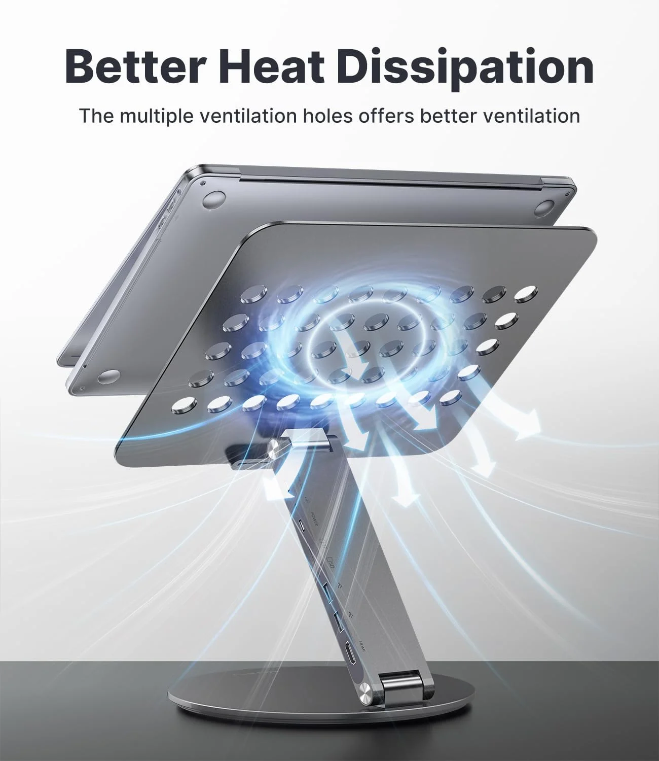 پایه لپ تاپ قابل تنظیم KU XIU با هاب USB C هشت در یک، پایه تاشو و قابل حمل برای نوت بوک با پایه چرخان 360 درجه، نگهدارنده برای همه لپ تاپ های 10-17 اینچی (خاکستری)