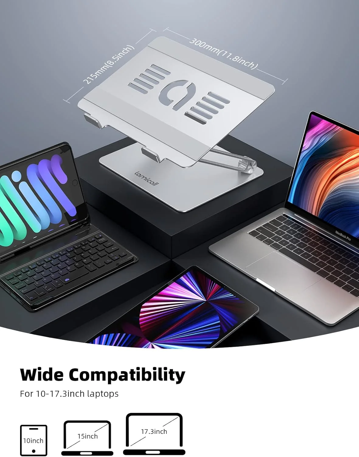 پایه لپ تاپ قابل حمل و تاشو با قابلیت تنظیم ارتفاع، مناسب برای مک بوک ایر پرو، دل XPS، اچ پی (10-17 اینچ) - نقره ای