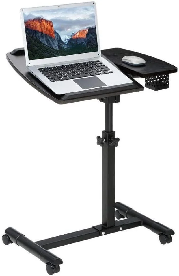 میز لپ تاپ چرخ دار LANGRIA، تاشو، قابل حمل، با قابلیت تنظیم ارتفاع، مناسب برای میز ایستاده به همراه سبد جانبی برای دفتر کار خانگی