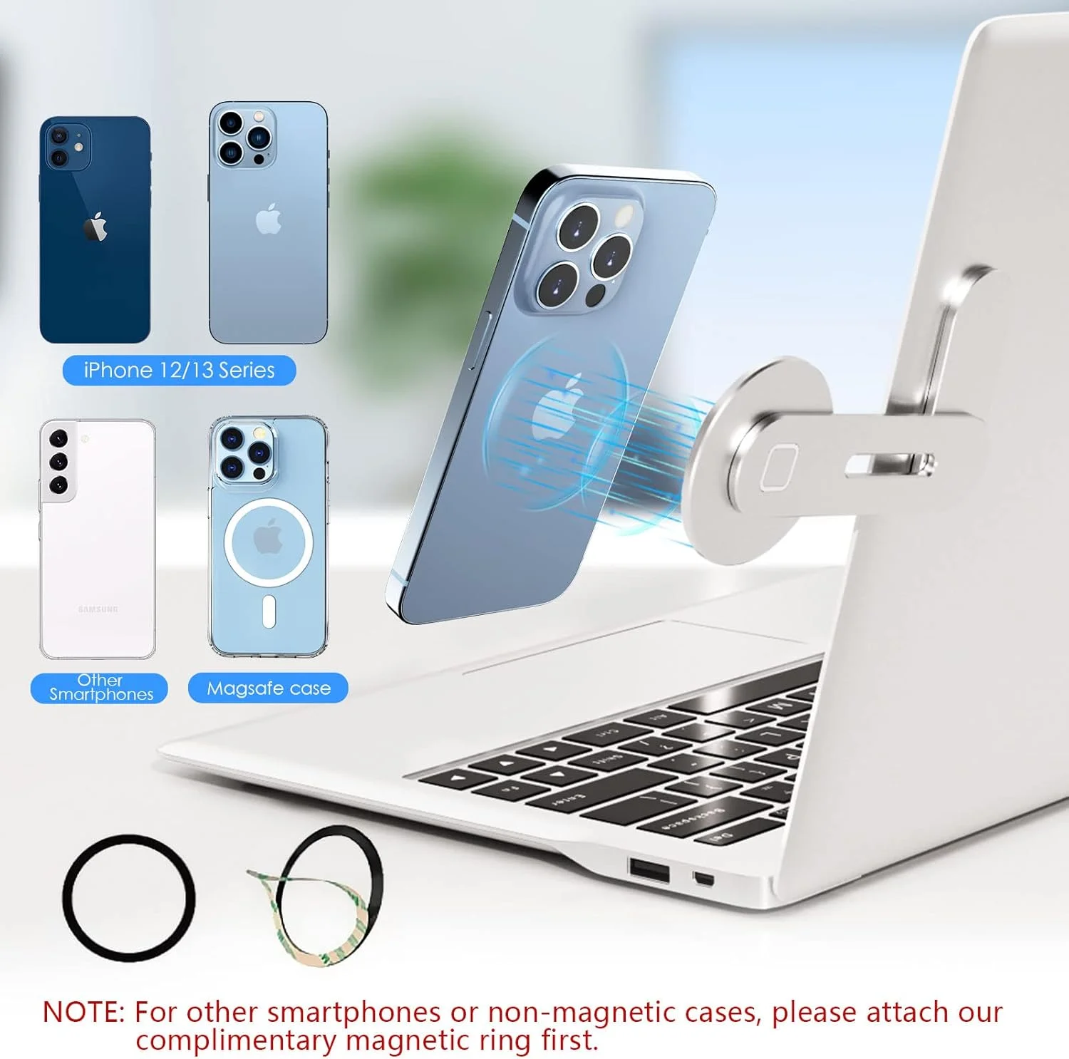 نگهدارنده مغناطیسی گوشی موبایل imluckies برای لپ تاپ، گیره قابل تنظیم نصب جانبی مانیتور کامپیوتر سازگار با سری آیفون 16، 15، 14، 13، 12 و قاب MagSafe و همه گوشی ها، براکت کامپیوتر تاشو قابل حمل، نقره ای