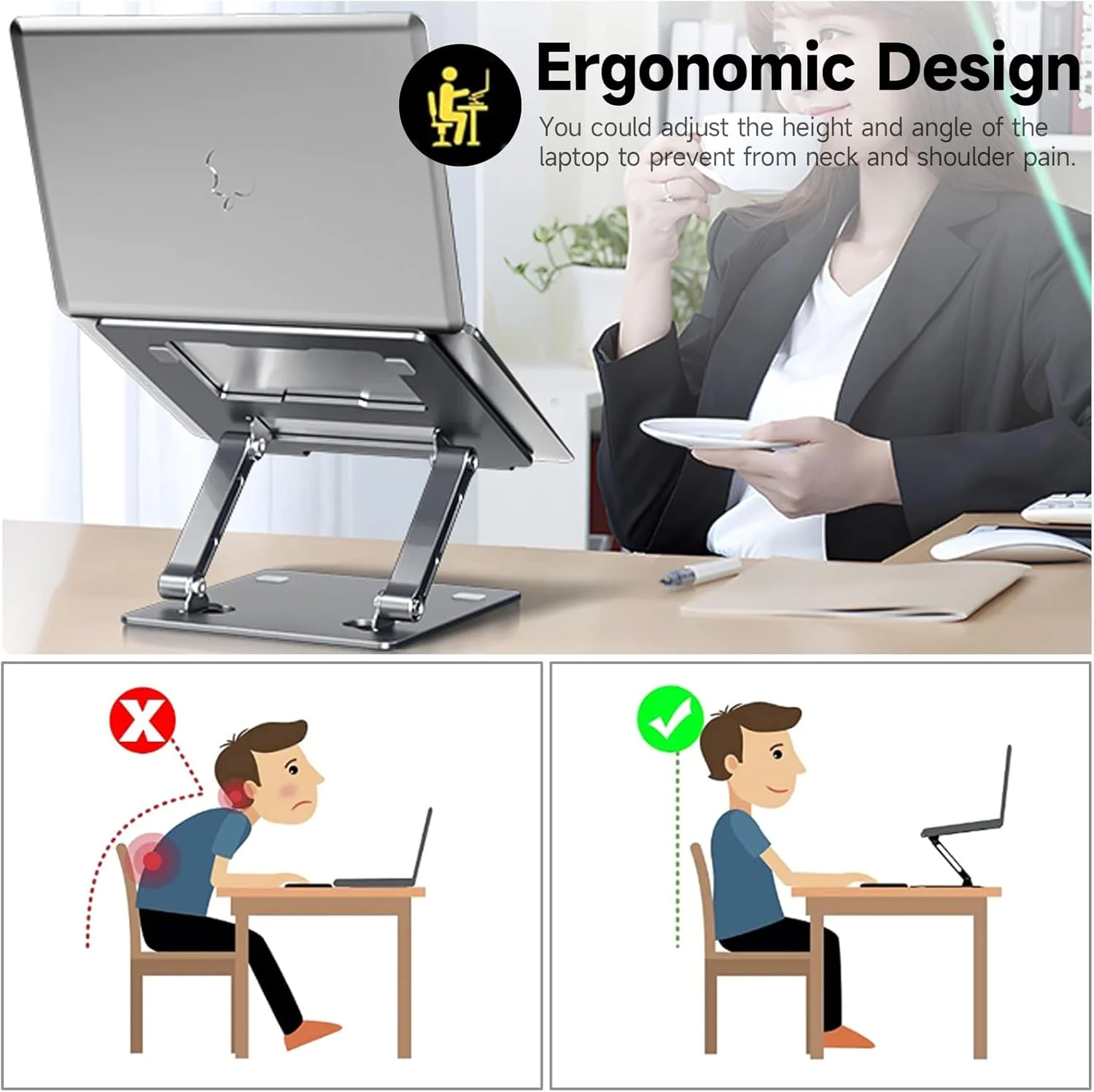 پایه لپ تاپ INFOSUN، نگهدارنده نوت بوک با قابلیت تنظیم ارتفاع، پایه لپ تاپ آلومینیومی تهویه دار برای میز، پایه تاشو و قابل حمل، سازگار با لپ تاپ (10-17.3 اینچ) - خاکستری