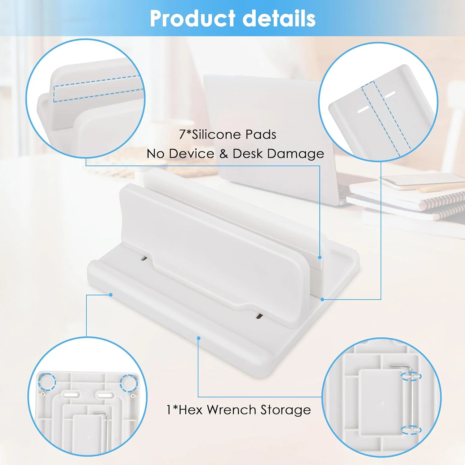 پایه عمودی لپ تاپ [نسخه جدید: دو پد لاستیکی بیشتر و طراحی قابل نگهداری آچار آلن] پلاستیک ABS قابل تنظیم تا 15 اینچ، صرفه جویی در فضای میز برای مک بوک/سرفیس/آیپد/مینی پی سی (سفید)