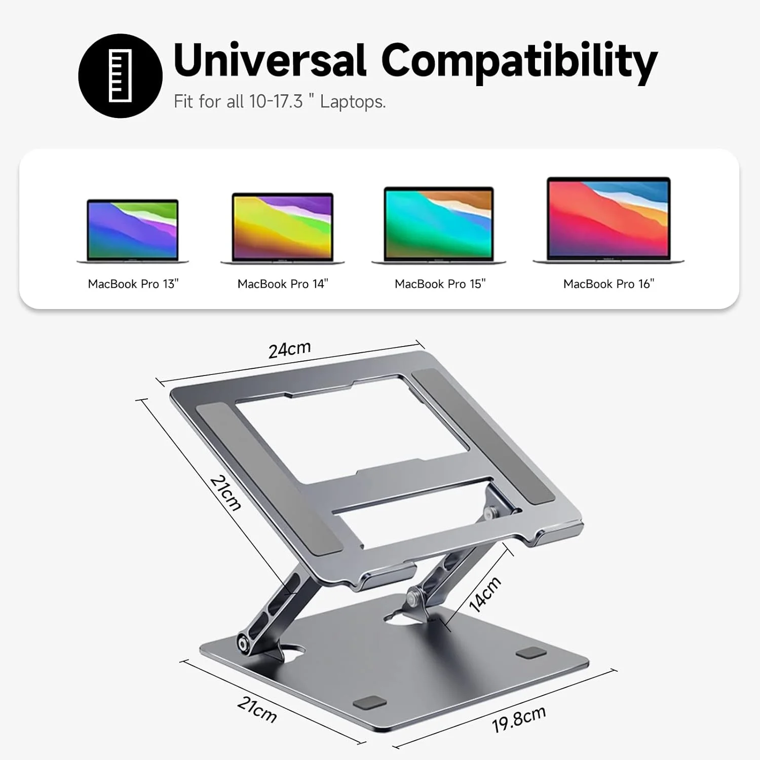 پایه لپ تاپ INFOSUN، نگهدارنده نوت بوک با قابلیت تنظیم ارتفاع، پایه لپ تاپ آلومینیومی تهویه دار برای میز، پایه تاشو و قابل حمل، سازگار با لپ تاپ (10-17.3 اینچ) - خاکستری