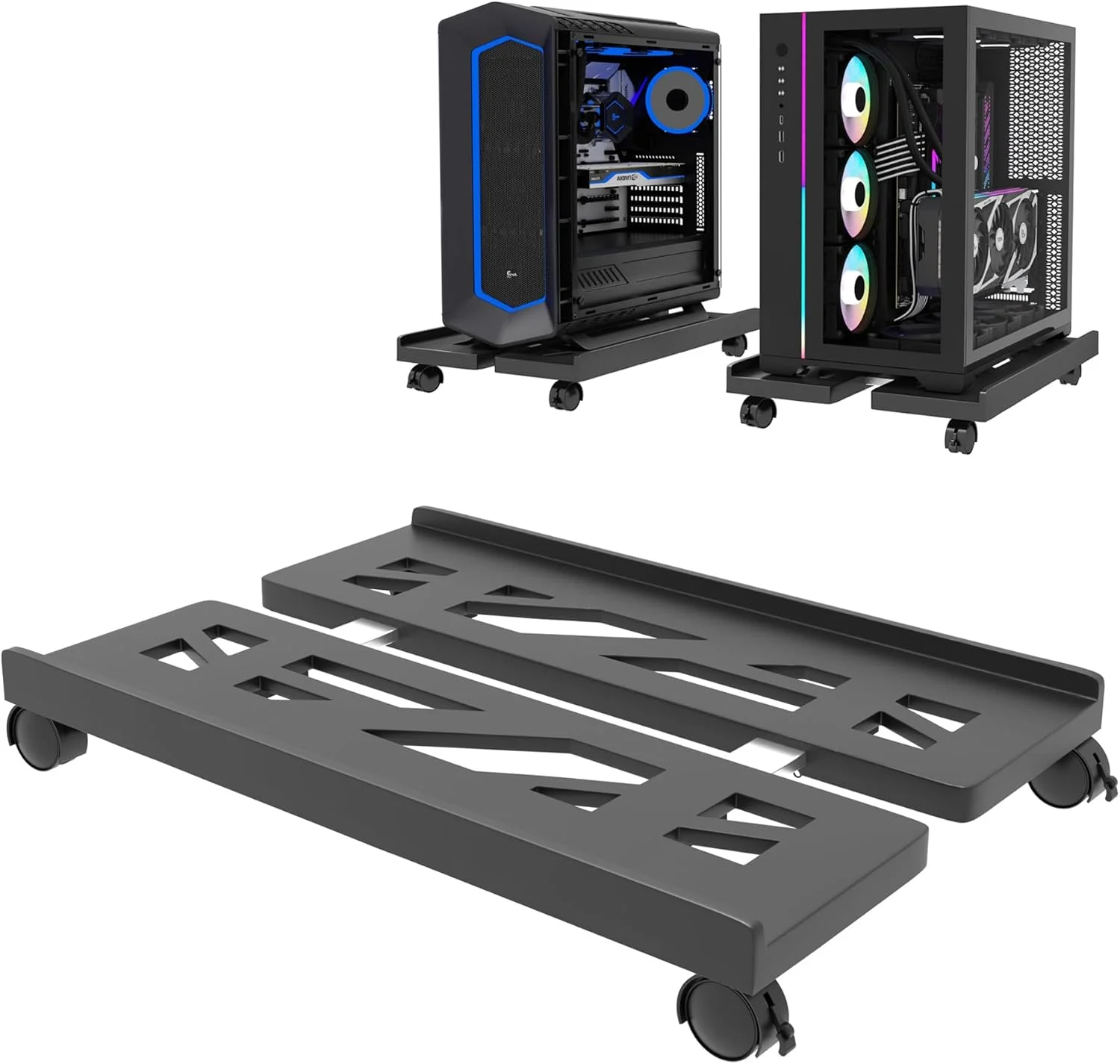 پایه کیس کامپیوتر، پایه برج کامپیوتر رومیزی، نگهدارنده قابل تنظیم CPU، پایه کامپیوتر موبایل جهانی با چرخ های قفل شونده، ترولی CPU زیر میز - مشکی