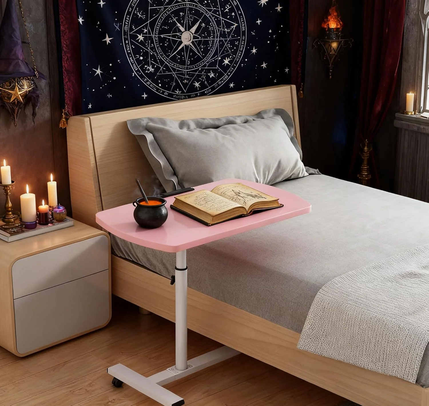 میز لپ تاپ HALAYAYA، پایه کامپیوتر قابل تنظیم، بالابر و چرخان برای خانه و دفتر، میز کنار تختی متحرک با چرخ، میز کنار مبل با 4 چرخ، میز قهوه (صورتی 55 * 32)