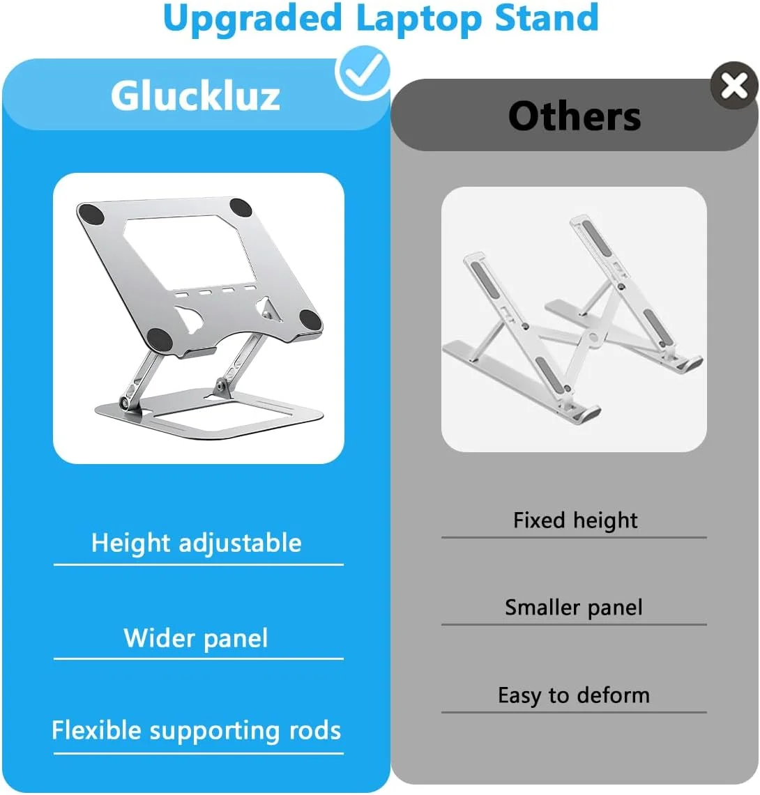 پایه لپ تاپ قابل تنظیم Gluckluz برای میز، پایه ارگونومیک لپ تاپ، نگهدارنده آلومینیومی تاشو لپ تاپ سازگار با مک بوک پرو/ایر 11 تا 17.3 اینچی، تبلت (نقره ای)