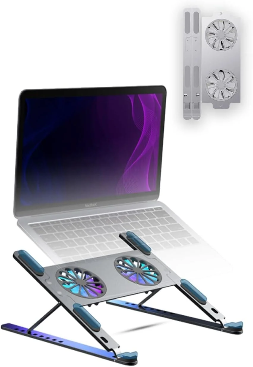 پایه تاشو لپ تاپ 2 در 1 Glassology با فن خنک کننده داخلی - قابل حمل، ارگونومیک، قابل تنظیم، سبک وزن، تنظیمات ارتفاع چند سطحی، سازگار، مناسب و راحت برای استفاده روزانه