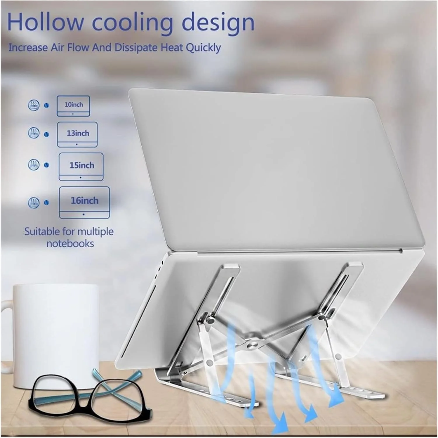 پایه تاشو لپ تاپ، آلومینیومی قابل حمل با قابلیت دفع حرارت و تهویه، ارگونومیک با قابلیت تنظیم ارتفاع و زاویه، پایه فوق العاده قوی