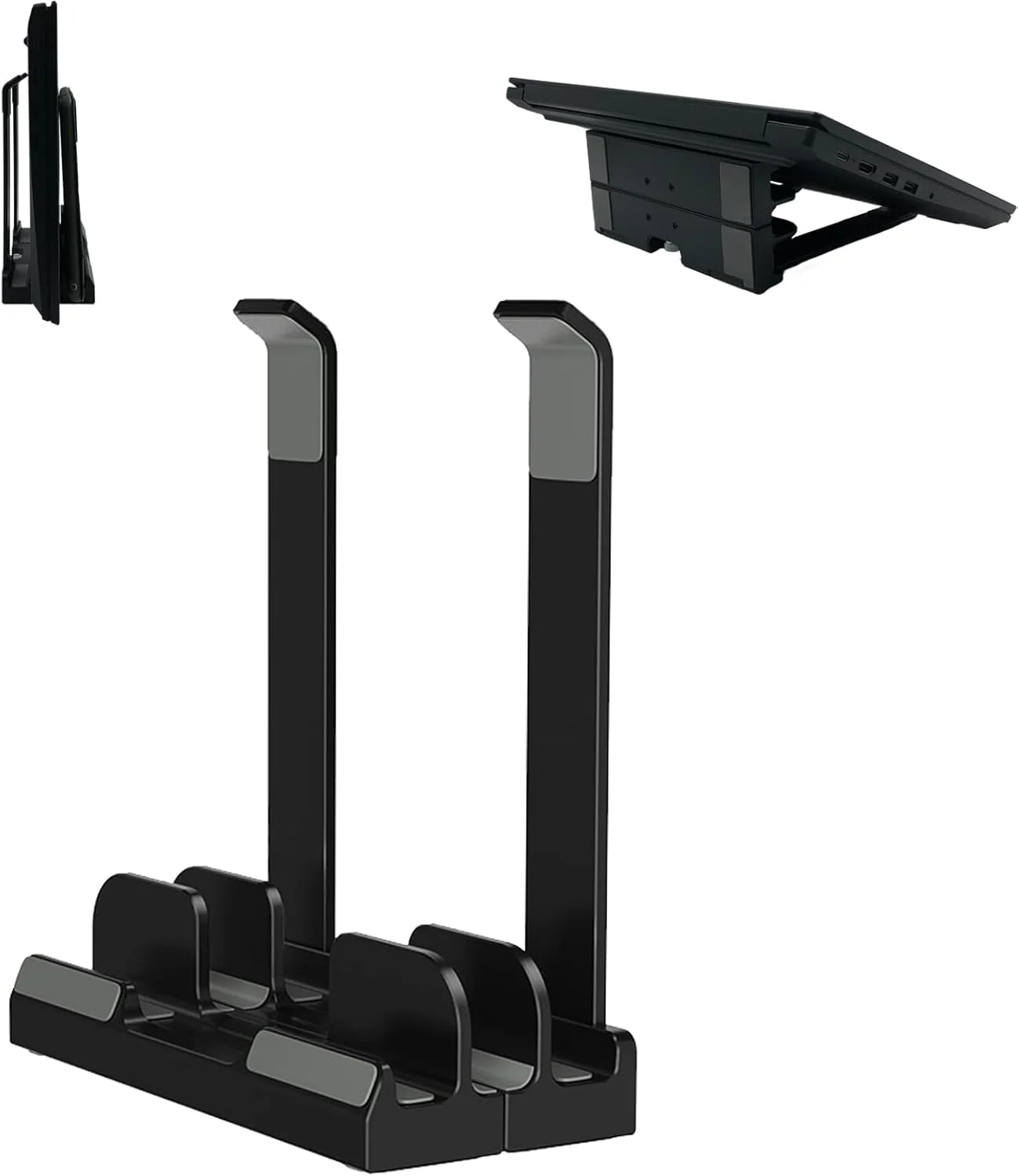 پایه نگهدارنده عمودی لپ‌تاپ DJOHNS برای میز، دارای دو شیار، پلاستیکی، قابل تنظیم، طراحی 3 در 1 برای صرفه‌جویی در فضا، پشتیبانی از مک‌بوک، کروم‌بوک، سرفیس، دل (مشکی)