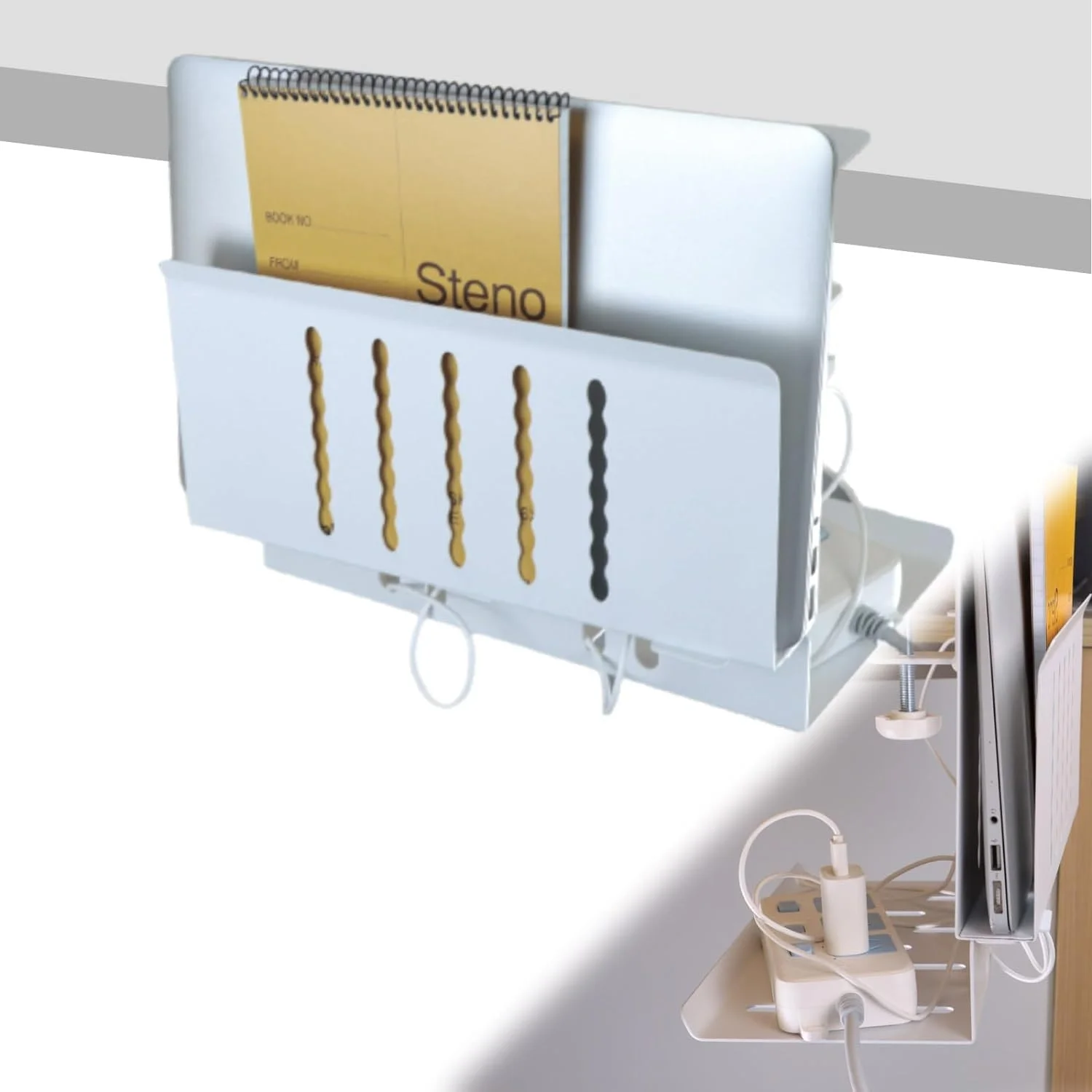 محفظه نگهداری کنار میز، سازمان دهنده آویزان فولادی زیر میزی بدون نیاز به سوراخکاری، نگهدارنده لپ تاپ برای دفتر کار و منزل (سفید)