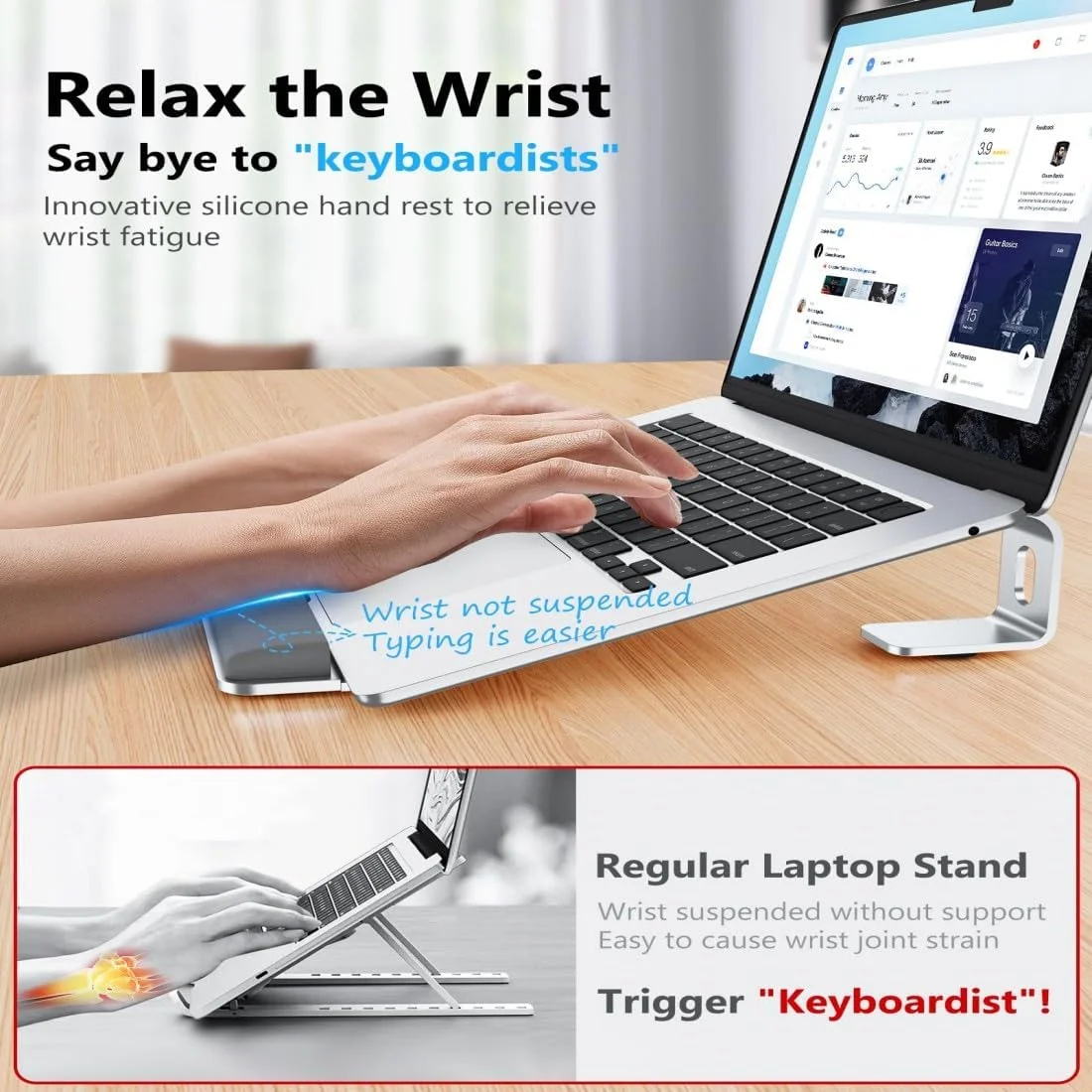 پایه لپ‌تاپ و کامپیوتر رومیزی با استراحتگاه مچ دست، طراحی ارگونومیک، پایه آلومینیومی قابل تنظیم، پایه خنک‌کننده چند منظوره تاشو و سبک وزن - نقره‌ای