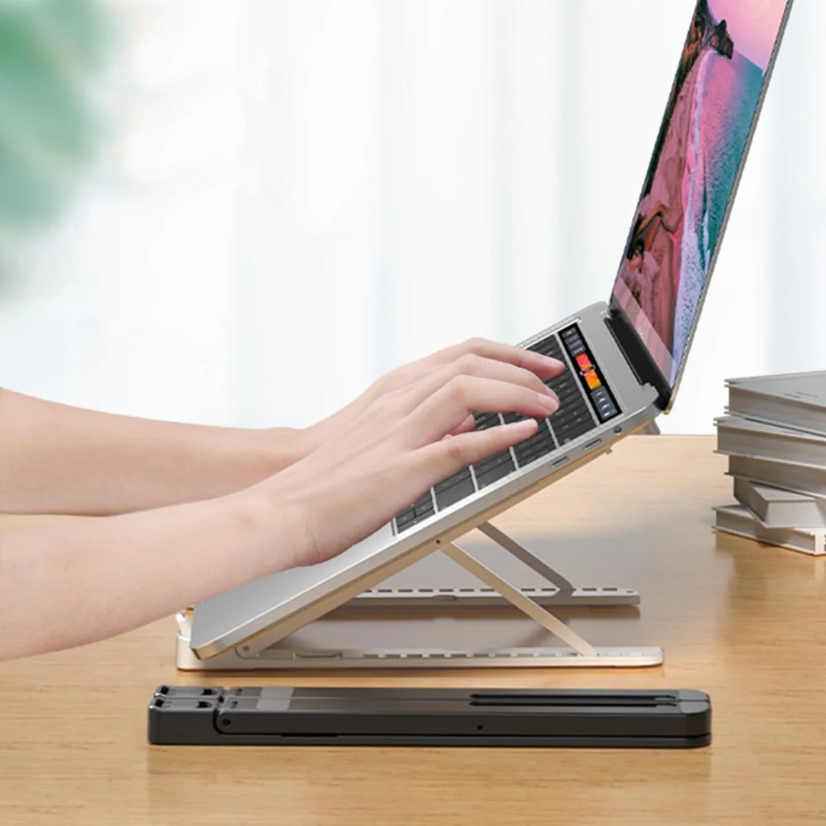 پایه لپ تاپ برای میز، پایه لپ تاپ پلاستیکی تاشو قابل حمل قابل تنظیم، پایه کامپیوتر نوت بوک برای لپ تاپ های 11-17 اینچی، تبلت ها - مشکی