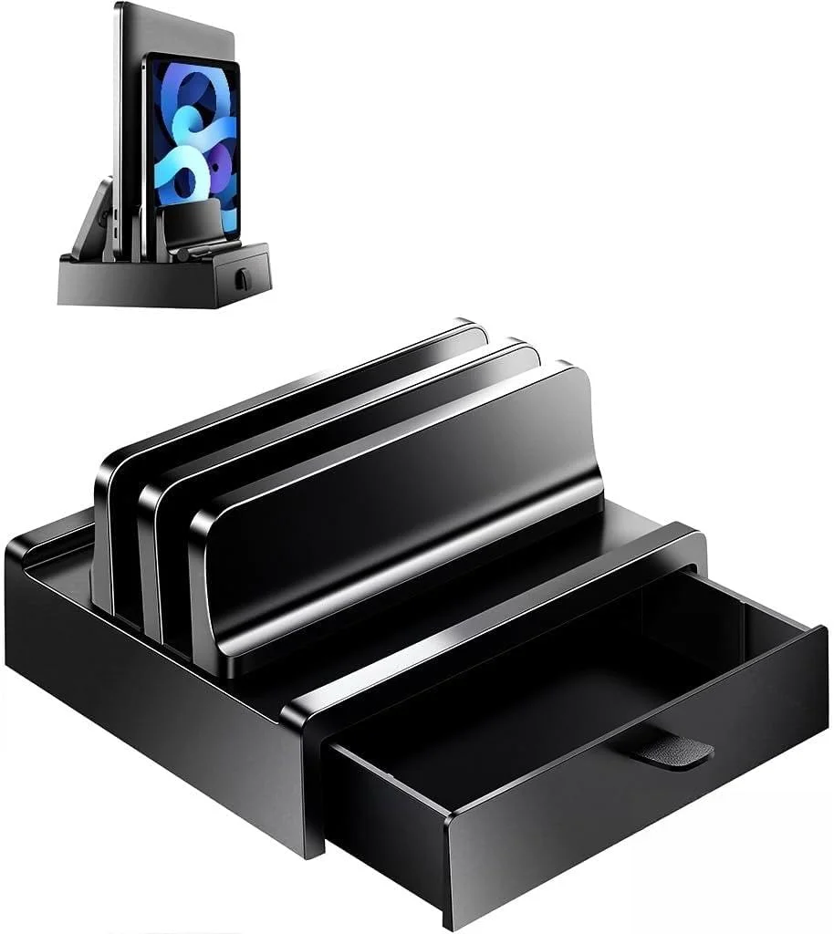 پایه عمودی لپ‌تاپ ELEPHANTBOAT® با کشو، نگهدارنده رومیزی آلومینیومی قابل تنظیم، صرفه‌جویی در فضا برای مک‌بوک پرو/ایر، نوت‌بوک، پایه تبلت، سازگار با دل، اچ‌پی، سرفیس، 2 اسلات