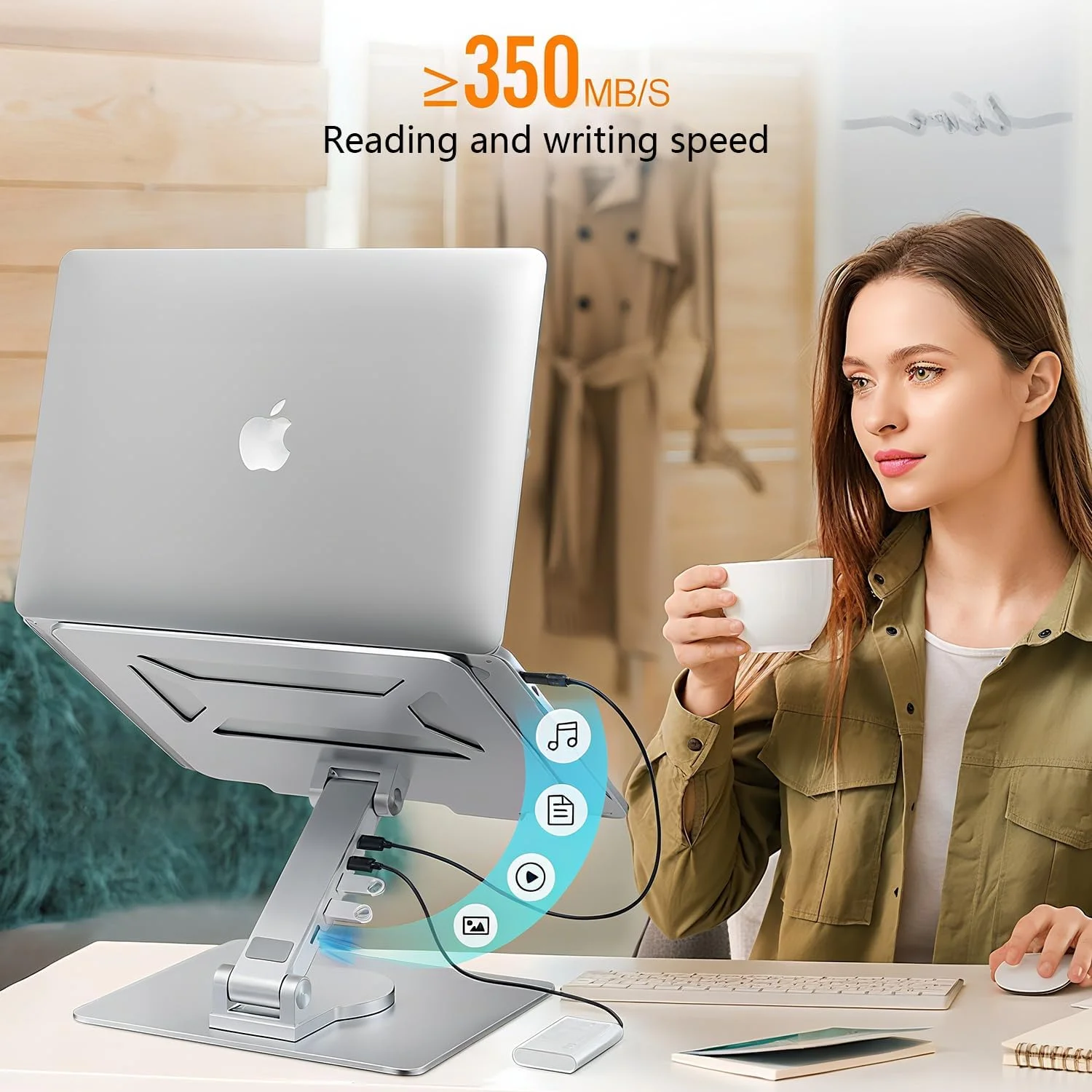 پایه لپ تاپ با ایستگاه اتصال USB C 6 در 1، توان رسانی 7 واتی، پورت Туре-с*1، USB 3.0×3 (5 گیگابیت بر ثانیه) سازگار با MacBook Pro/Air، iPad Pro، XPS، Thinkpad