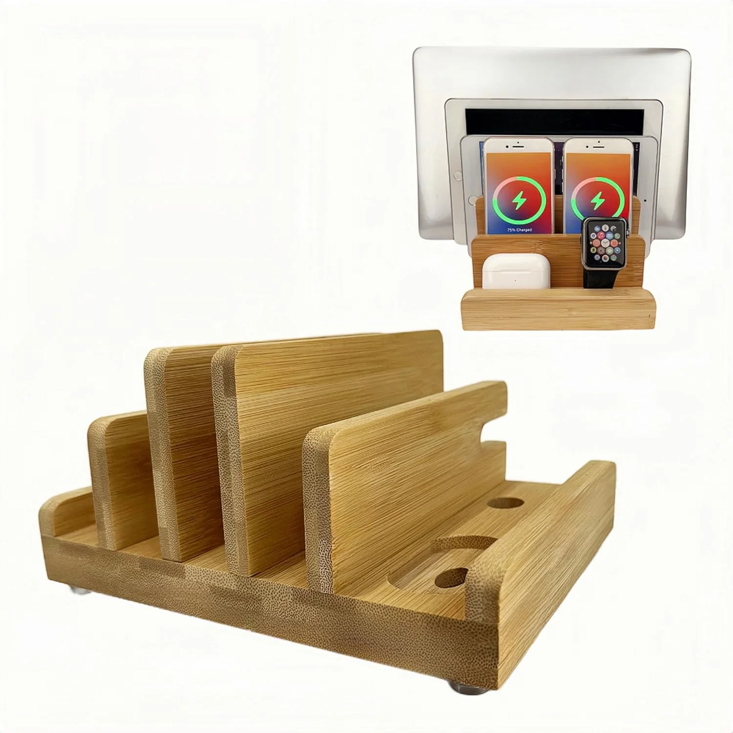 استند رومیزی بامبو، سازمان دهنده چوبی چند دستگاهه برای تلفن، تبلت، ساعت، لپ تاپ (LAPTOP STAND3)