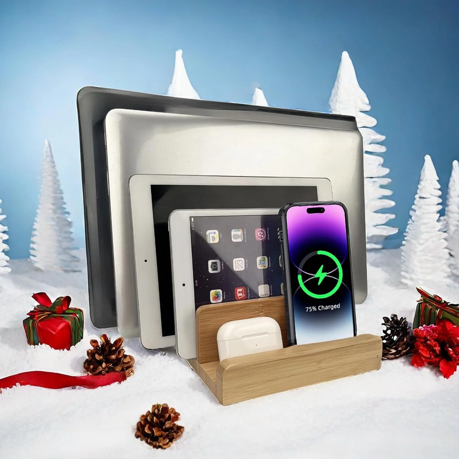 استند رومیزی بامبو، سازمان دهنده چوبی چند دستگاهه برای تلفن، تبلت، ساعت، لپ تاپ (LAPTOP STAND3)