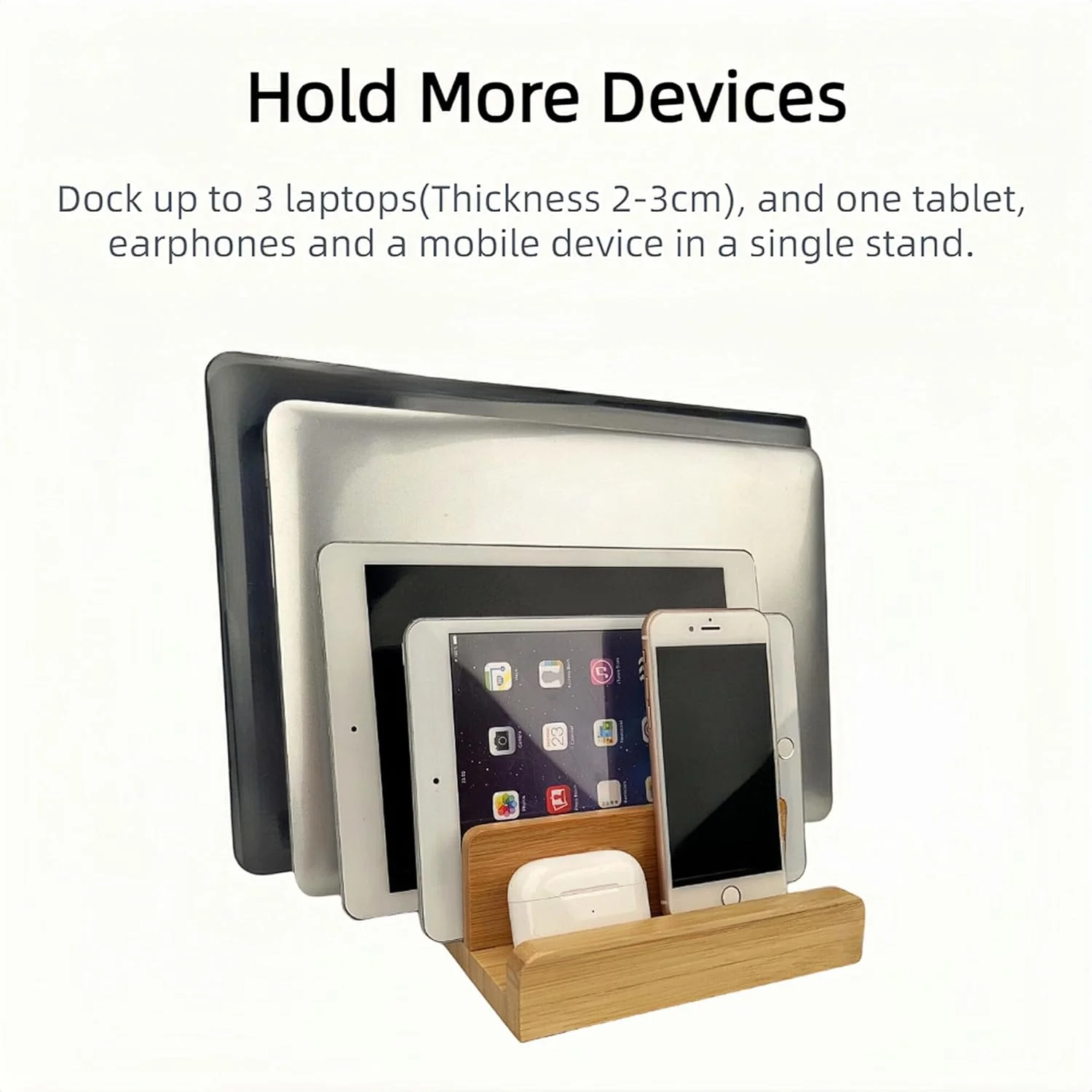 استند رومیزی بامبو، سازمان دهنده چوبی چند دستگاهه برای تلفن، تبلت، ساعت، لپ تاپ (LAPTOP STAND3)