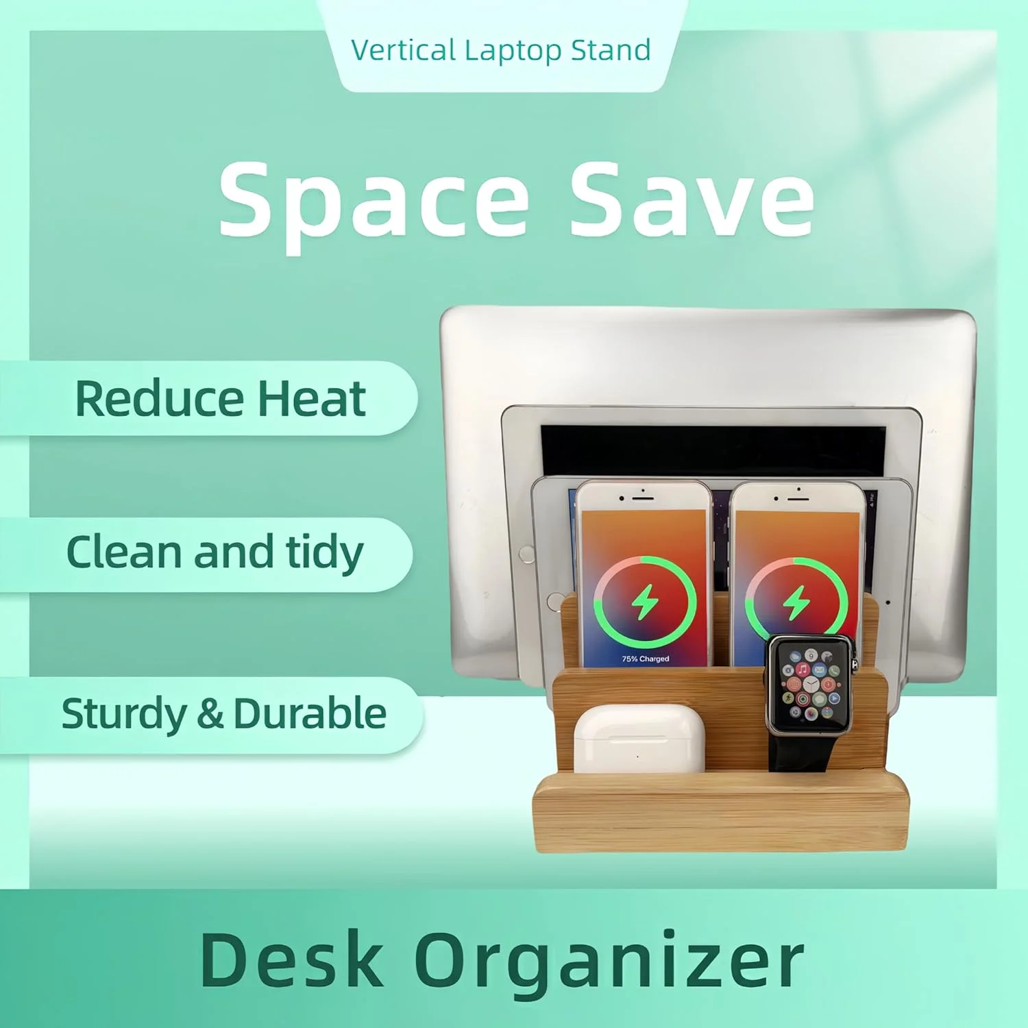 استند رومیزی بامبو، سازمان دهنده چوبی چند دستگاهه برای تلفن، تبلت، ساعت، لپ تاپ (LAPTOP STAND3)