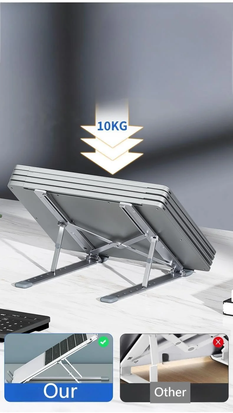 پایه تاشو لپ تاپ آلیاژ آلومینیوم، پایه محکم کامپیوتر نوت بوک برای میز، نگهدارنده قابل تنظیم و قابل حمل ضد لغزش برای لپ تاپ ها و تبلت های 10-15.6 اینچی - نقره ای پایه تاشو لپ تاپ آلیاژ آلومینیوم، پایه محکم کامپیوتر نوت بوک برای میز، نگهدارنده قابل تنظیم و قابل حمل ضد لغزش برای لپ تاپ ها و تبلت های 10-15.6 اینچی - نقره ای