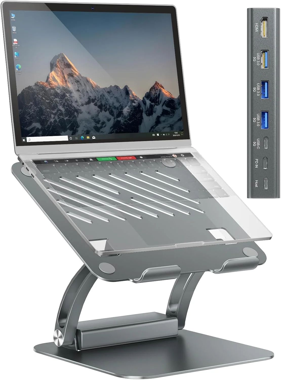 پایه لپ‌تاپ تونی با هاب USB-C جداشدنی، شارژ 100 واتی PD، خروجی HDMI با کیفیت 4K@60Hz، پورت‌های USB-A و USB-C 3.0، پورت هاست، نگهدارنده آلومینیومی ارگونومیک لپ‌تاپ برای لپ‌تاپ‌های 10-17 اینچی، مک‌بوک و غیره (خاکستری روشن)