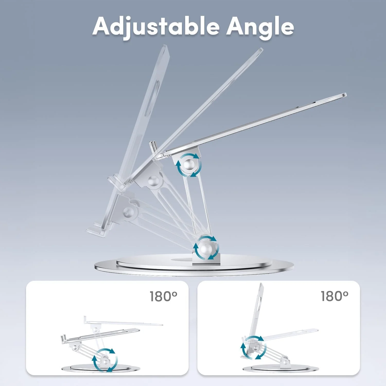 پایه لپ‌تاپ قابل تنظیم با پایه چرخان 360 درجه، پایه کامپیوتر ارگونومیک برای میز، نگهدارنده تاشو و قابل حمل لپ‌تاپ مناسب برای همه مک‌بوک‌ها و لپ‌تاپ‌های 10-16 اینچی، نقره‌ای