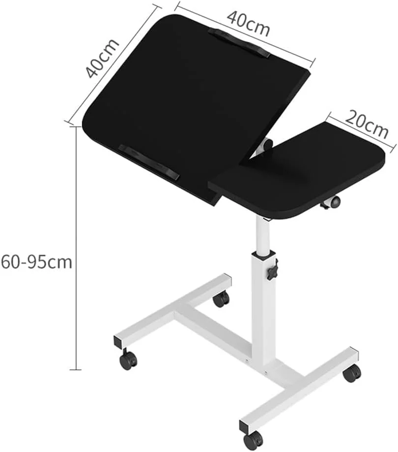 میز لپ‌تاپ چرخشی و بالابر برای خانه و دفتر، میز کنار تختی متحرک با غلتک، پایه کامپیوتر قابل تنظیم، با 4 چرخ میز کنار مبل، میز قهوه خوری 60 * 40 (مشکی)