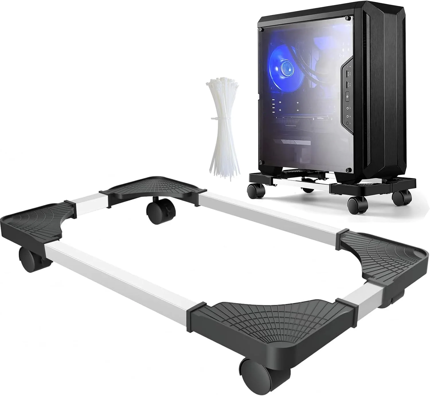 پایه کیس کامپیوتر قابل تنظیم موبایل با 4 چرخ گردان، پایه کیس کامپیوتر مناسب برای اکثر کامپیوترها زیر میز - مشکی