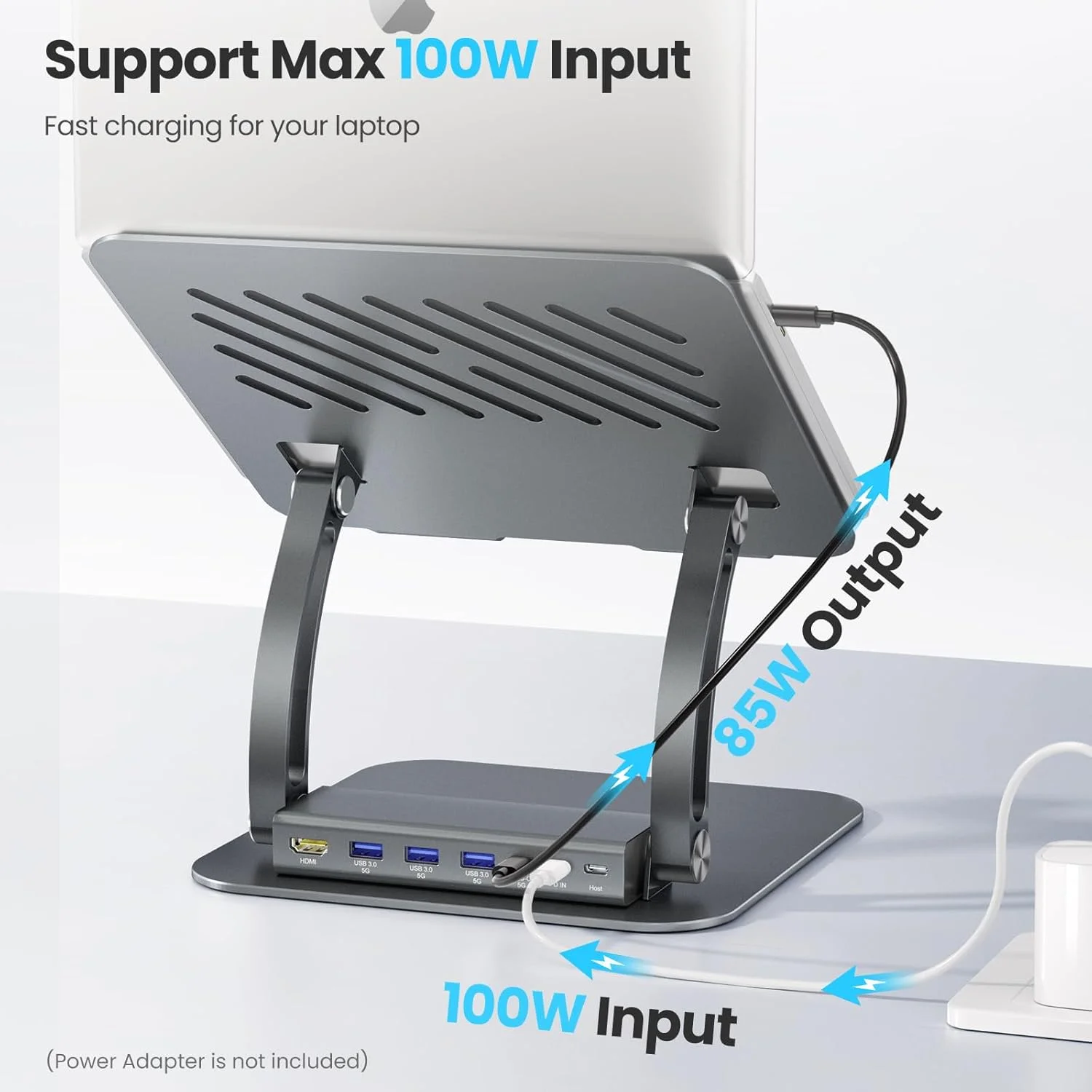 پایه لپ‌تاپ تونی با هاب USB-C جداشدنی، شارژ 100 واتی PD، خروجی HDMI با کیفیت 4K@60Hz، پورت‌های USB-A و USB-C 3.0، پورت هاست، نگهدارنده آلومینیومی ارگونومیک لپ‌تاپ برای لپ‌تاپ‌های 10-17 اینچی، مک‌بوک و غیره (خاکستری روشن)