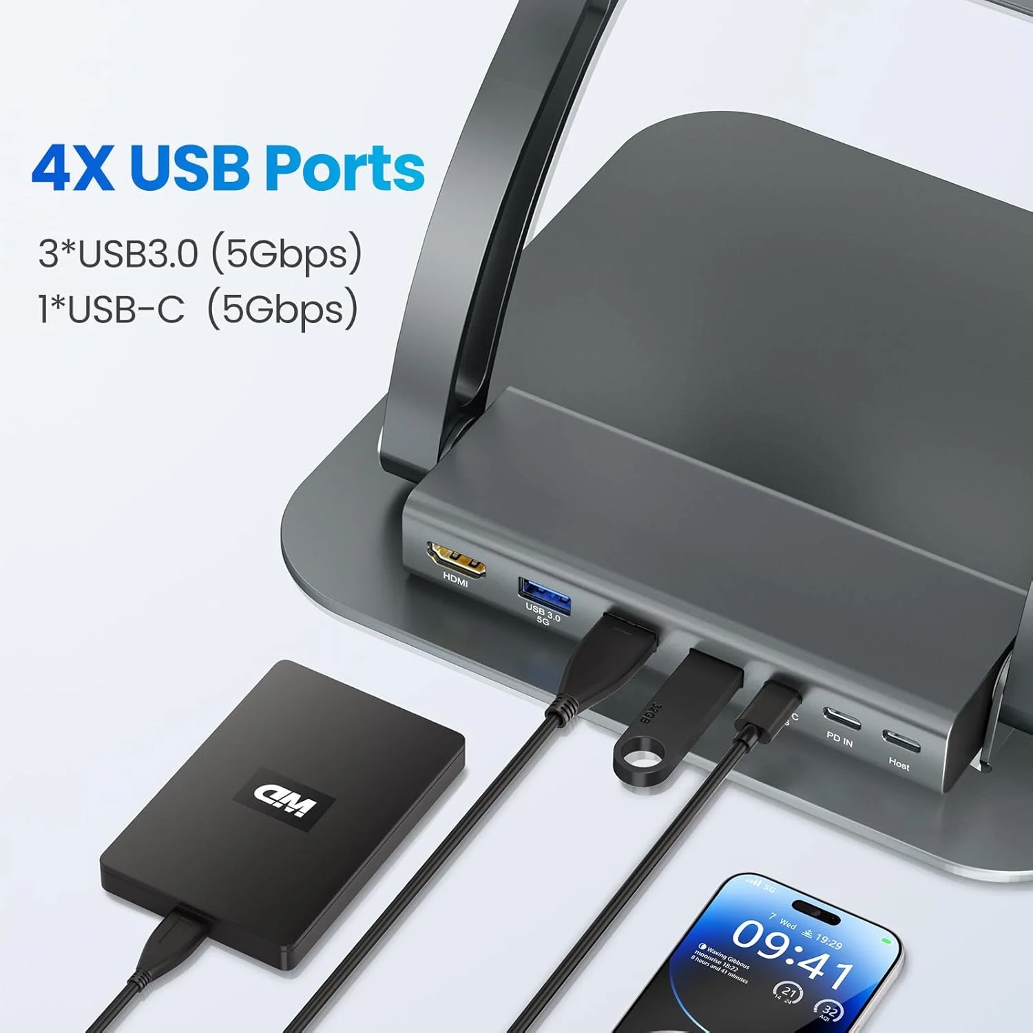 پایه لپ‌تاپ تونی با هاب USB-C جداشدنی، شارژ 100 واتی PD، خروجی HDMI با کیفیت 4K@60Hz، پورت‌های USB-A و USB-C 3.0، پورت هاست، نگهدارنده آلومینیومی ارگونومیک لپ‌تاپ برای لپ‌تاپ‌های 10-17 اینچی، مک‌بوک و غیره (خاکستری روشن)