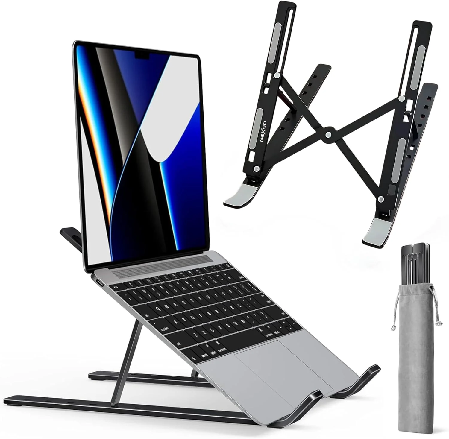 پایه لپ تاپ آلومینیومی مشکی قابل تنظیم برای میز | پایه تاشو ارگونومیک برای لپ تاپ، تبلت، طراحی قابل حمل 7 زاویه با قابلیت ضد لغزش و خنک کننده، کیف حمل و سازگاری گسترده