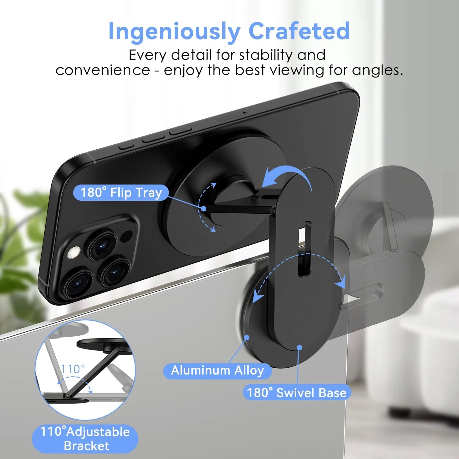 پایه نگهدارنده مغناطیسی گوشی موبایل CloudValley برای لپ‌تاپ، پایه دوربین پیوسته قابل تنظیم سه بعدی سازگار با سری iPhone Mag و همه گوشی‌ها، براکت نگهدارنده تاشو برای مانیتور تسلا PC Gym، مشکی
